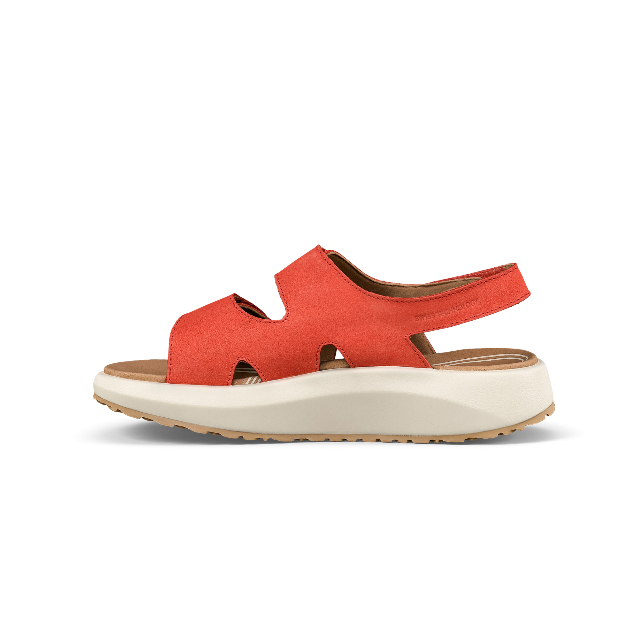 red sandal with white sole on a white background