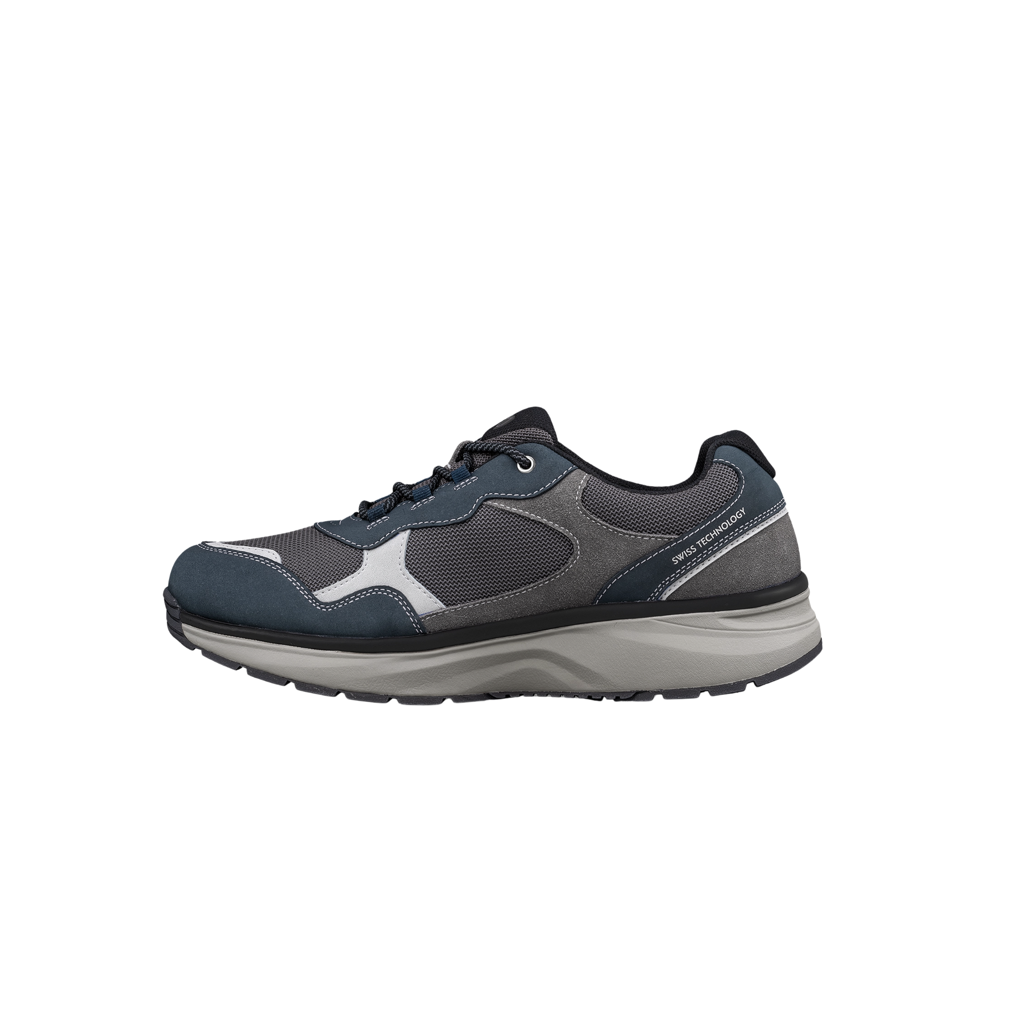 Gray and white athletic shoe on a white background