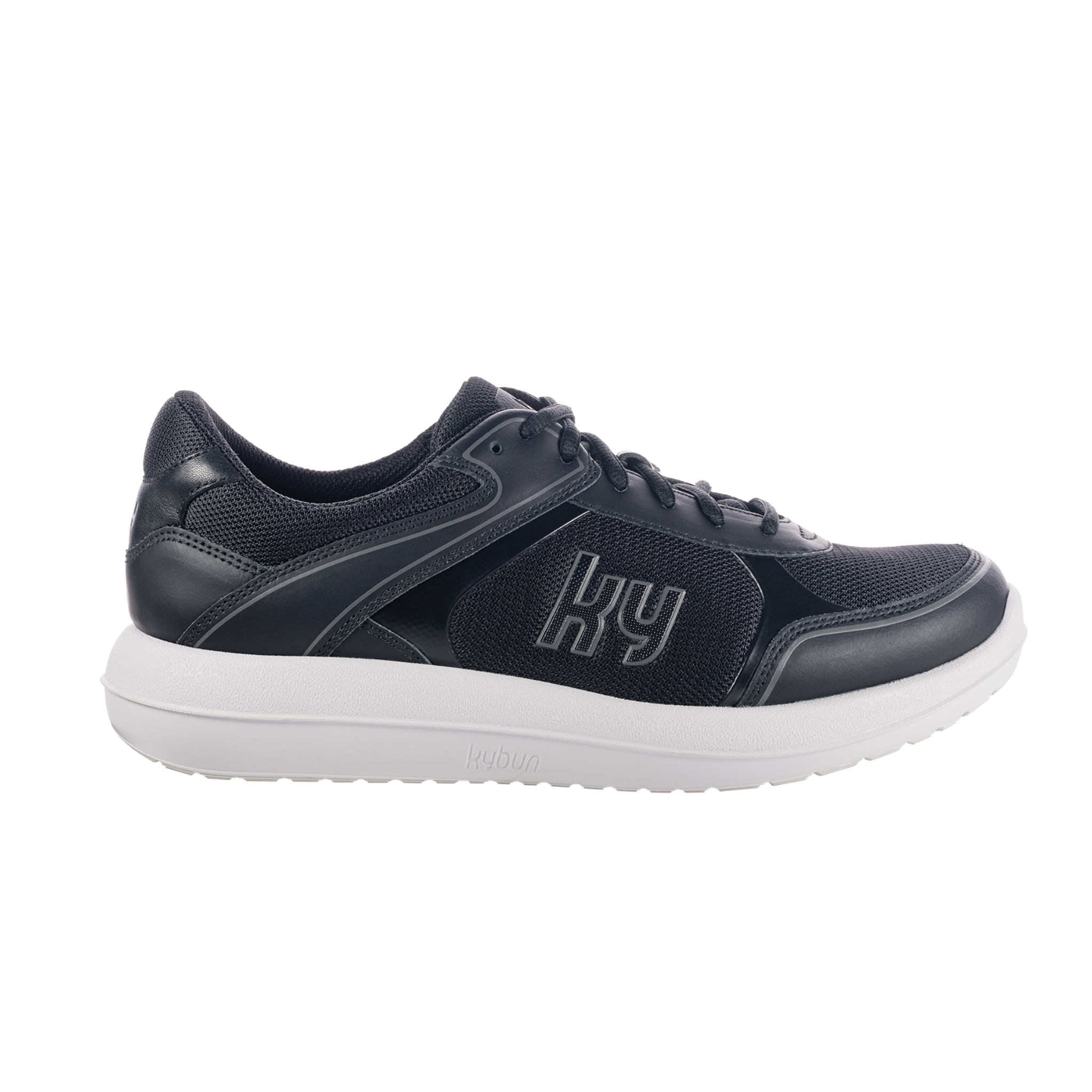 Black athletic shoe with a brand logo on a white background