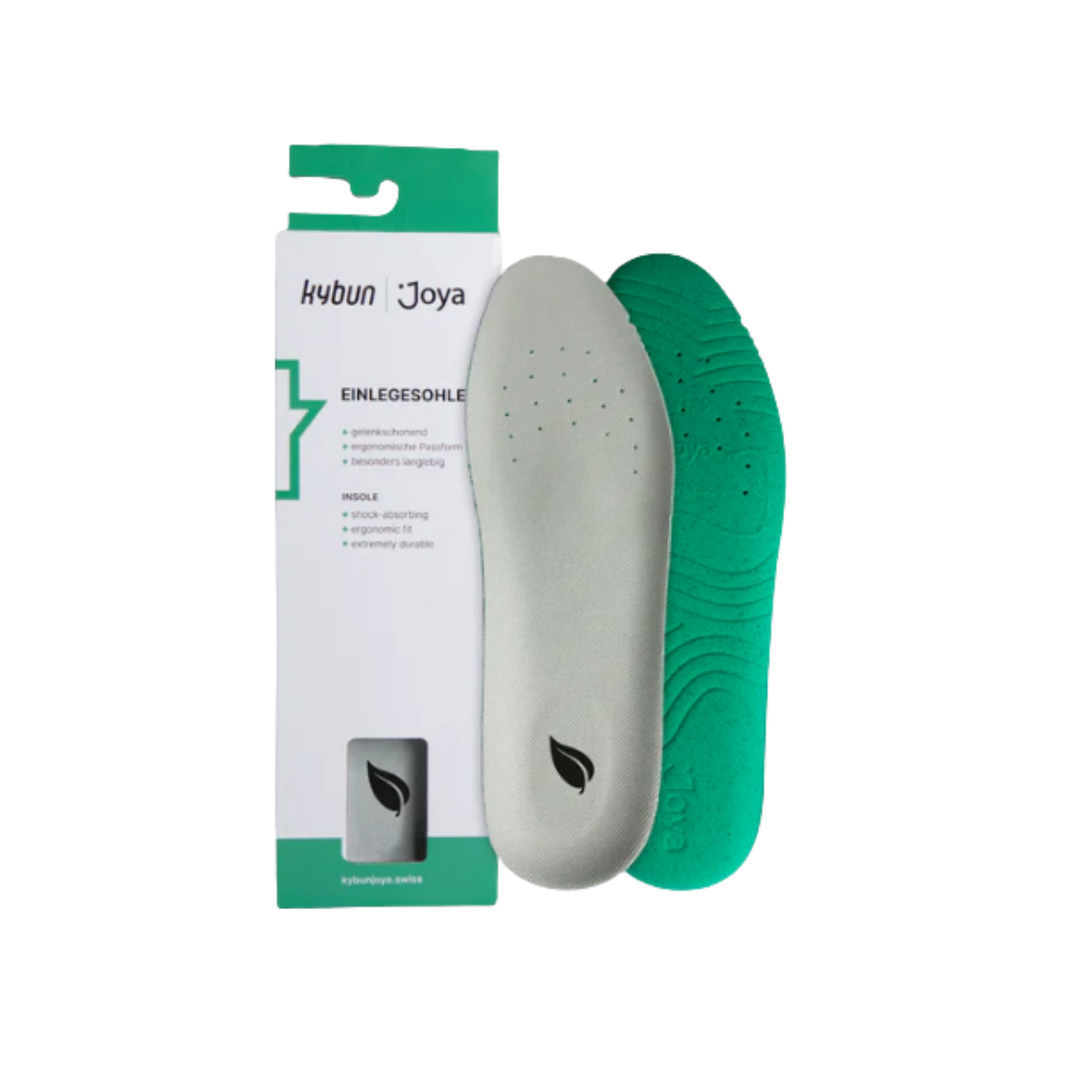 Shoe insole with green and white design next to its packaging on a white background