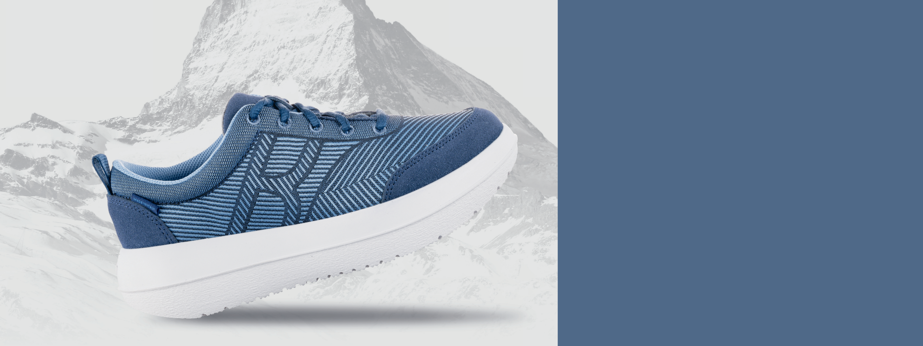 Blue athletic shoe on a light gray background