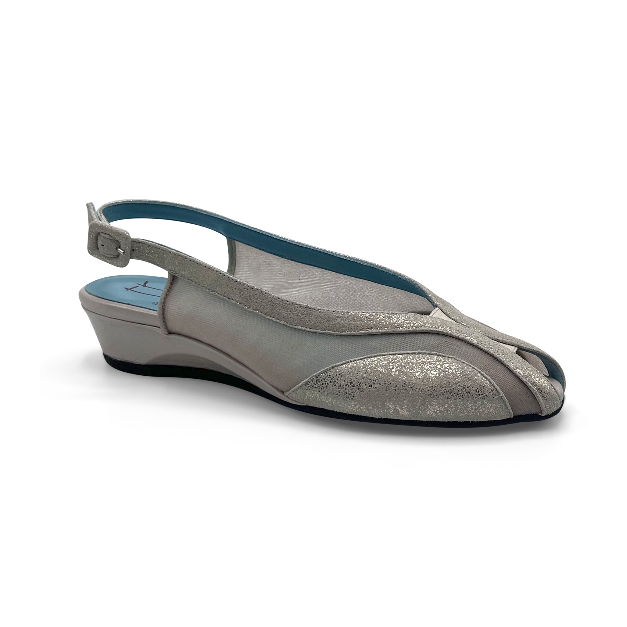 Silver sandal with blue interior on a white background