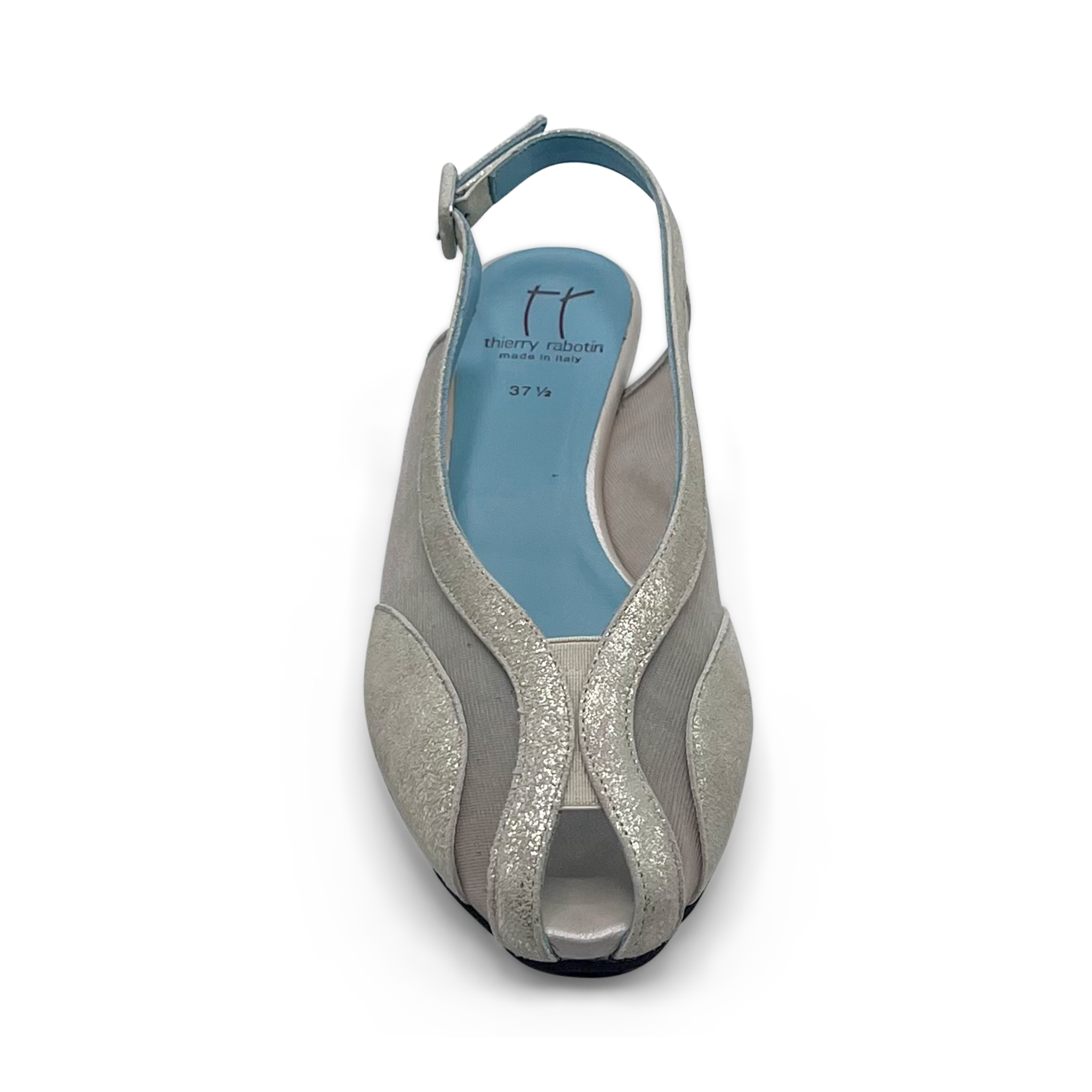 Thierry Rabotin Women's Calvi Beige Pearlized Lambskin Nappa Leather with Muted Beige Metallic Leather Peep Toe Slingback Wedge front view