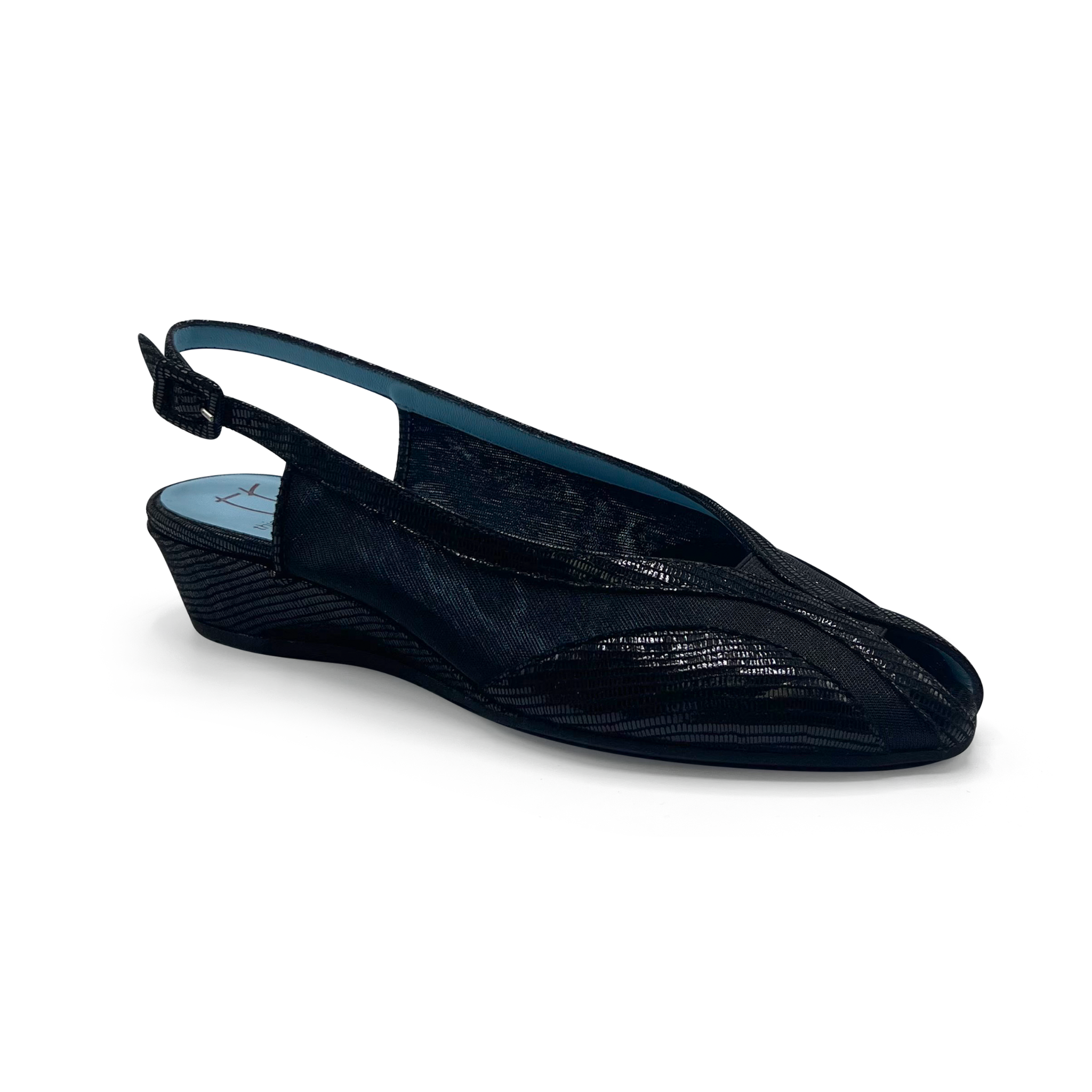 Thierry Rabotin Women's Calvi Black Stamped Suede Print Peep Toe Slingback Wedge