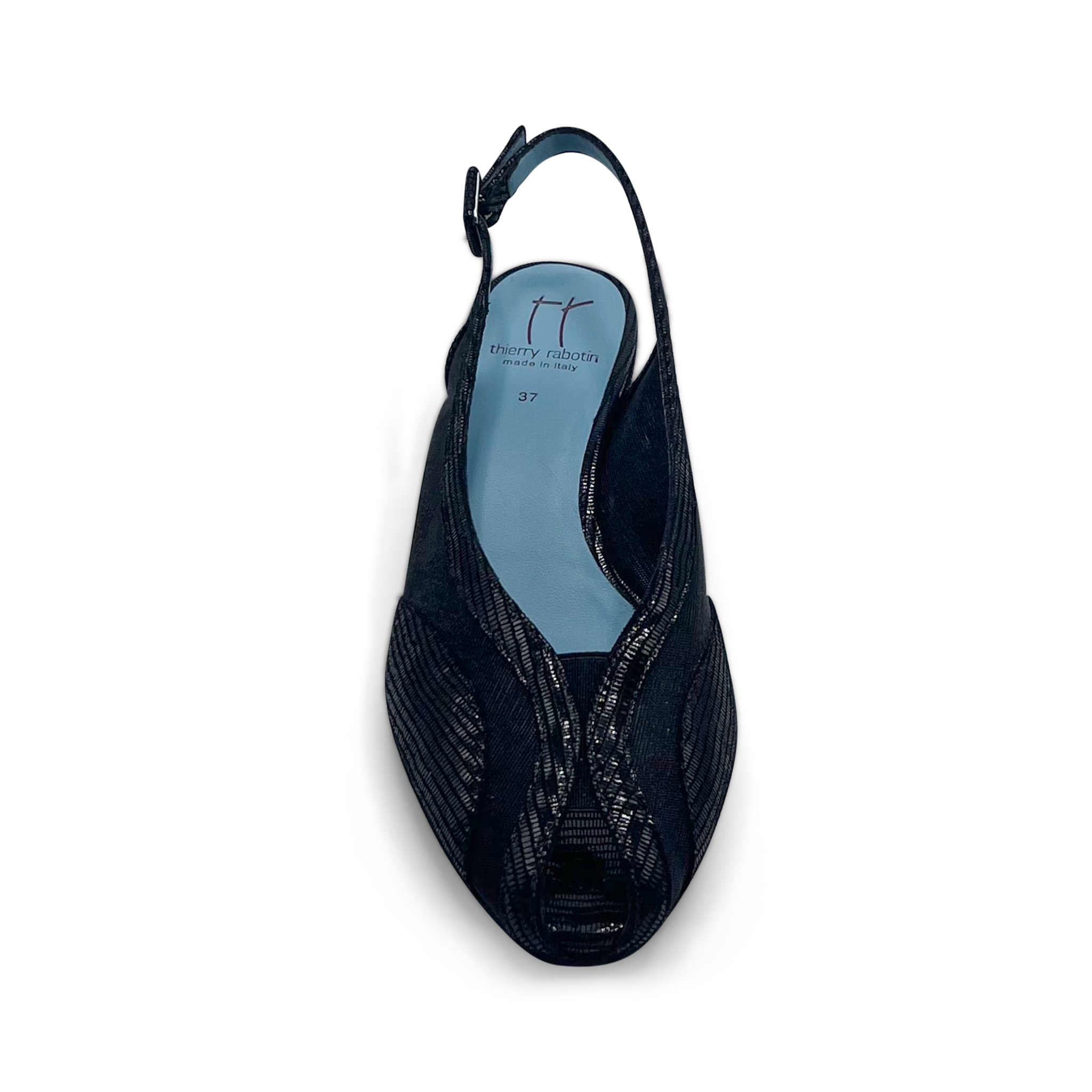 Thierry Rabotin Women's Calvi Black Stamped Suede Print Peep Toe Slingback Wedge  front view