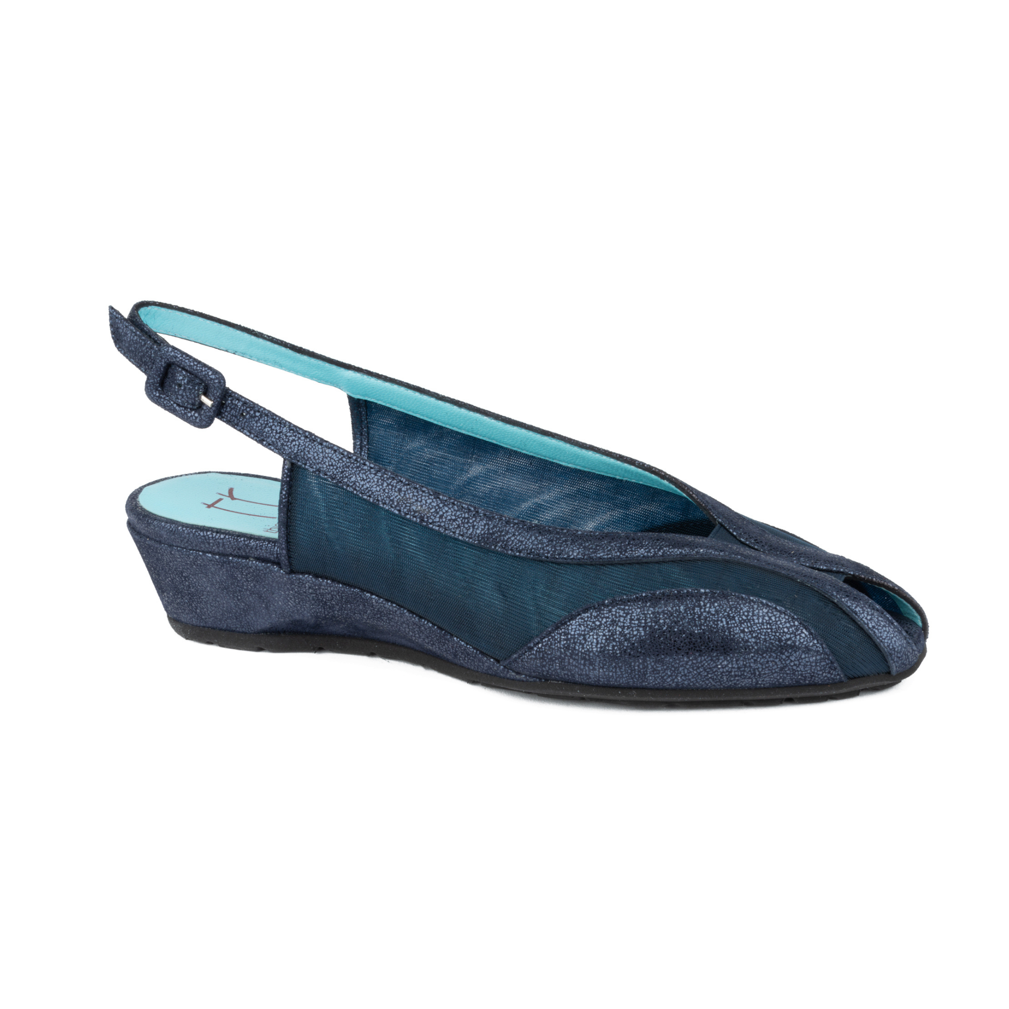 Navy blue wedge sandal with a slingback design on a white background