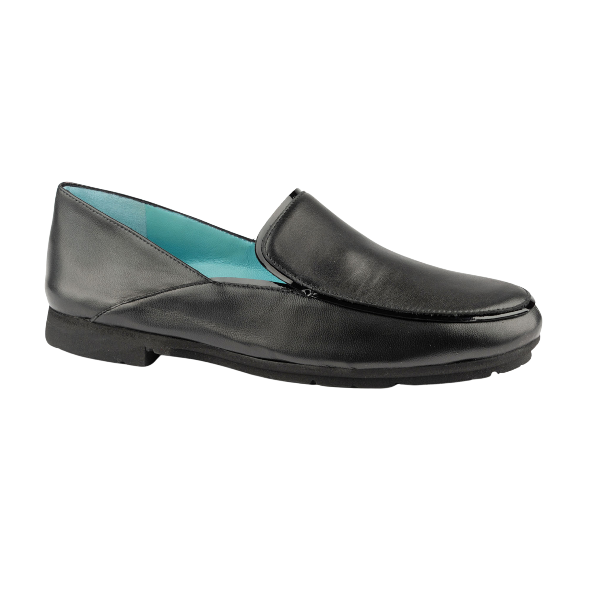 Black loafer shoe with a blue lining on a white background