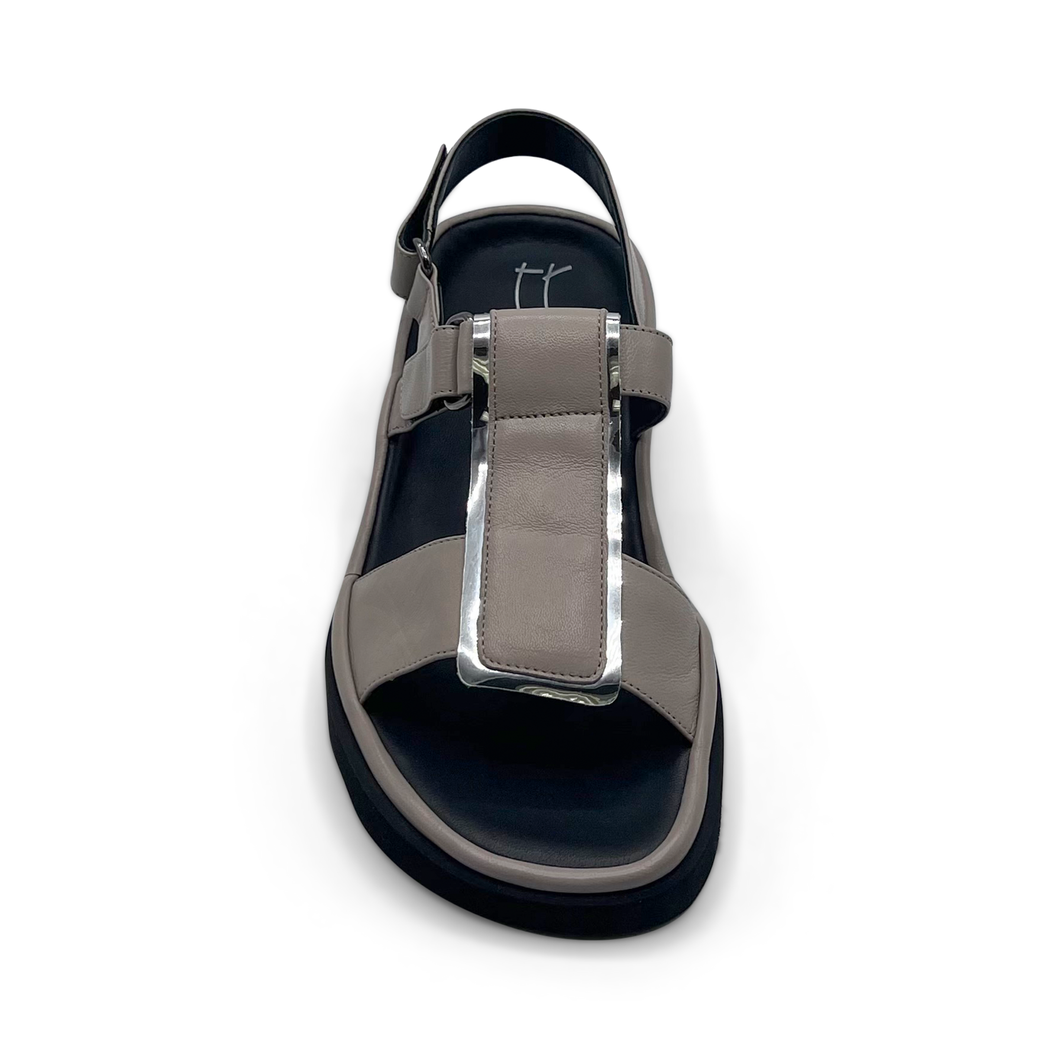 Thierry Rabotin Women's Wally Stone Lambskin Nappa Leather Silver Trim Adjustable Sandal front view