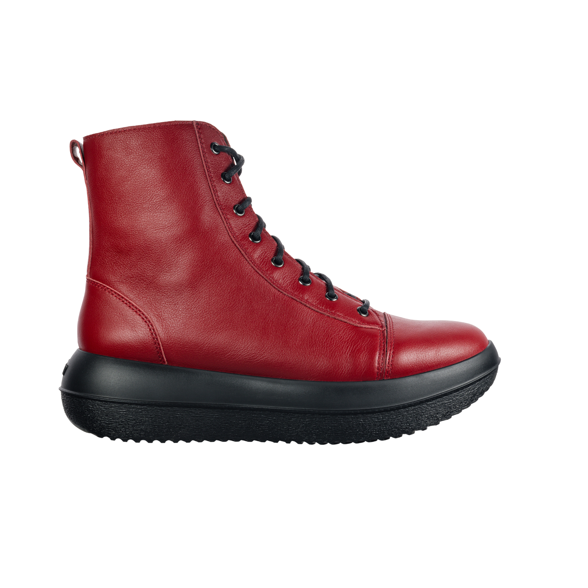Red leather boot with black sole on a white background