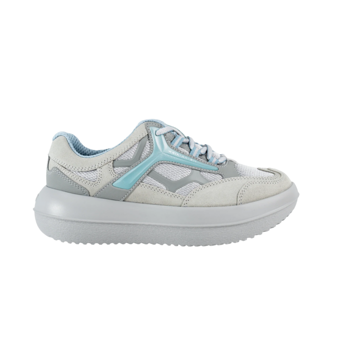 grey and white sneaker with blue accent on white background