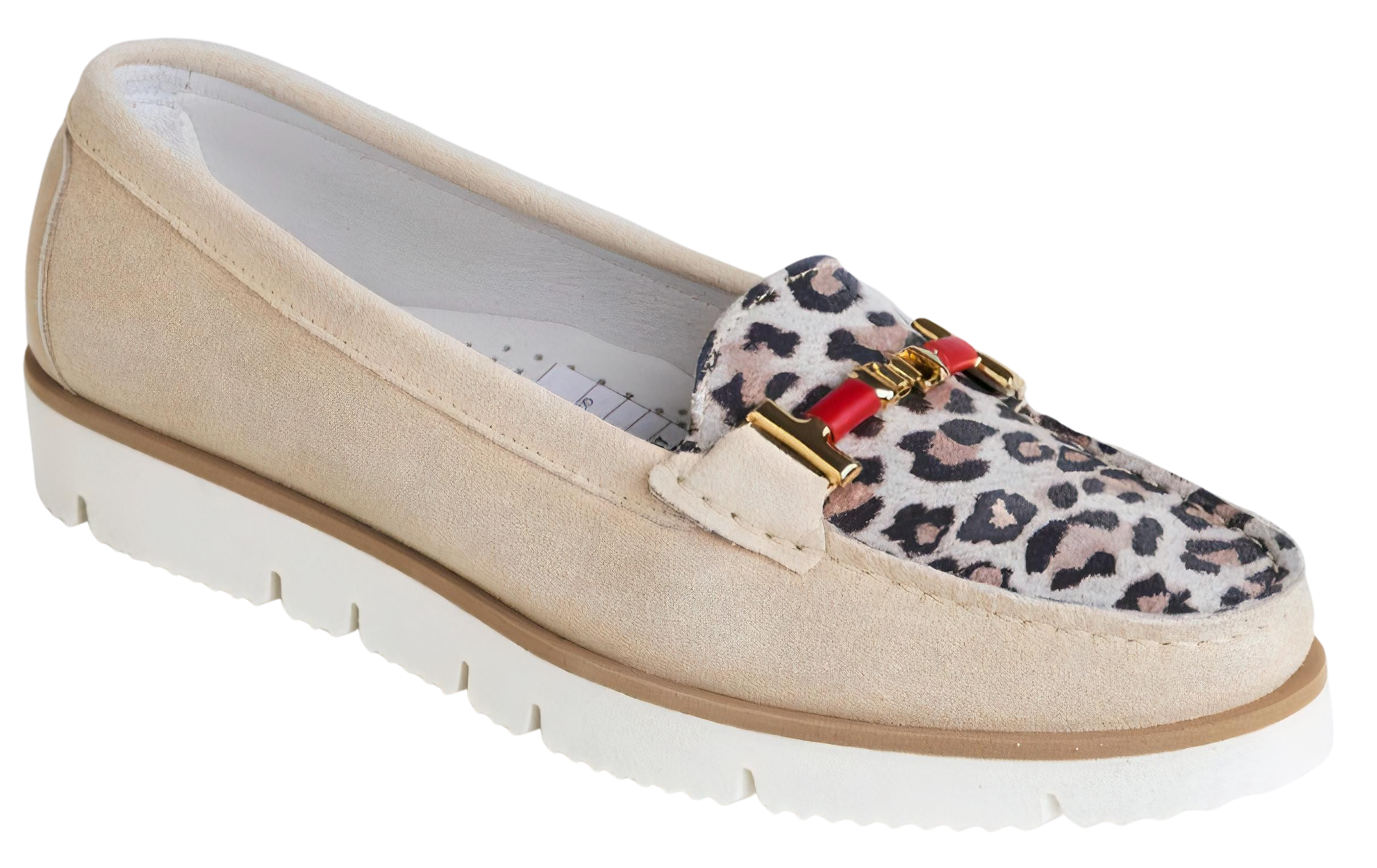 DI CHENZO Women's 1291 Light Beige Velour Red Bit and Glitter Animal Print Leather Loafer