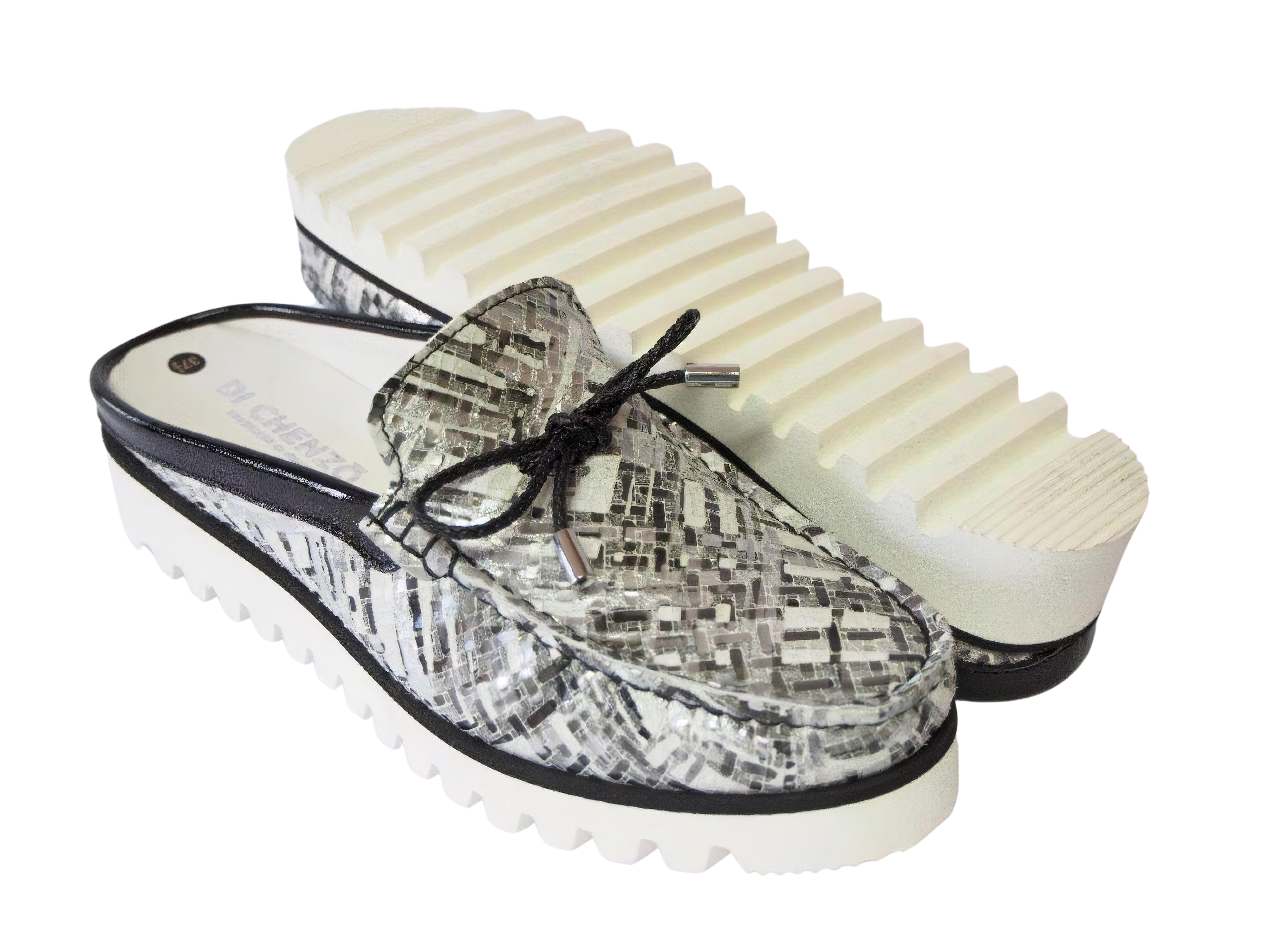 DI CHENZO Women's 955 Black and White Square Print Leather Mule