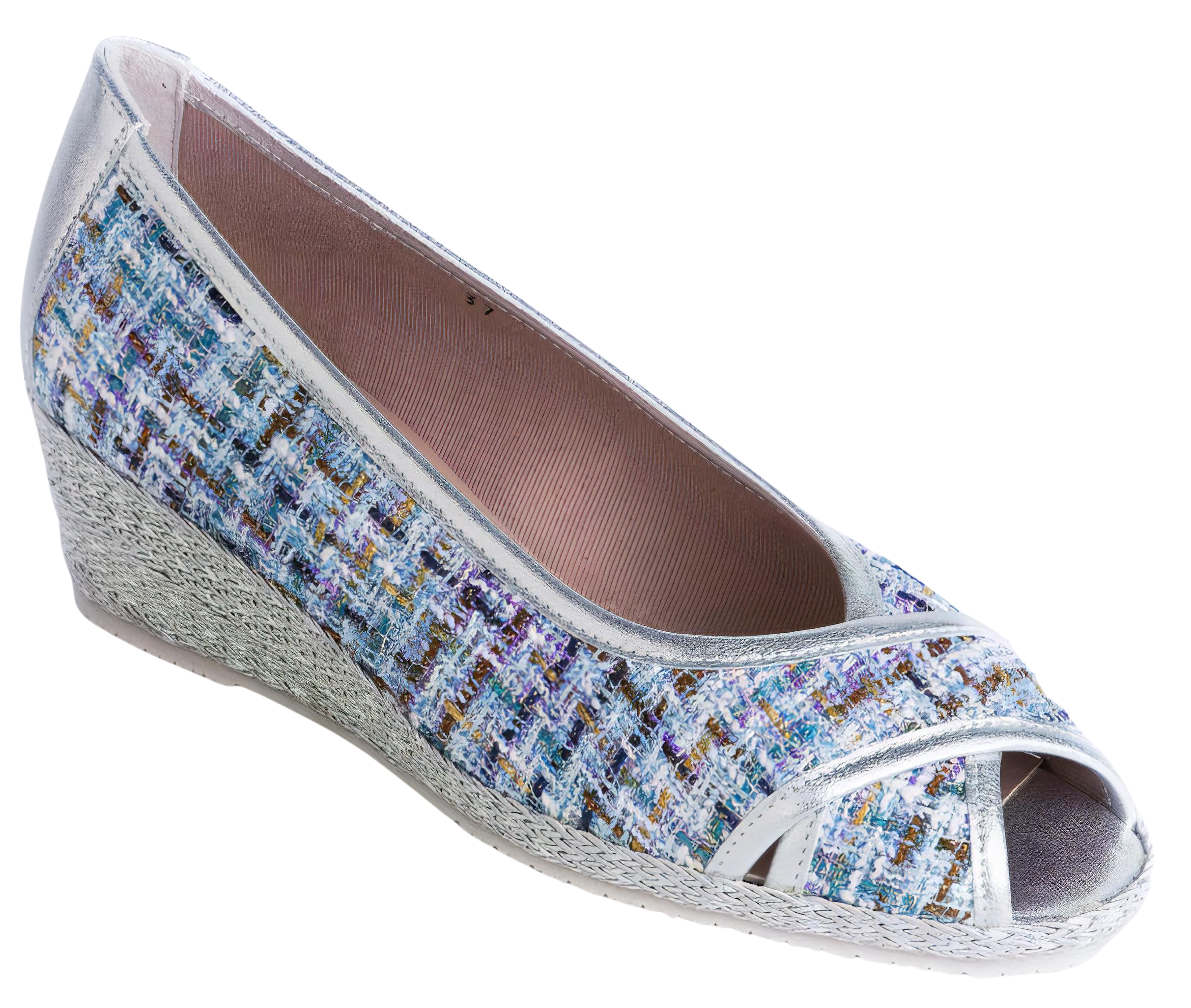 DI CHENZO Women's Tilli Blue and Silver Leather Peep Toe Wedge