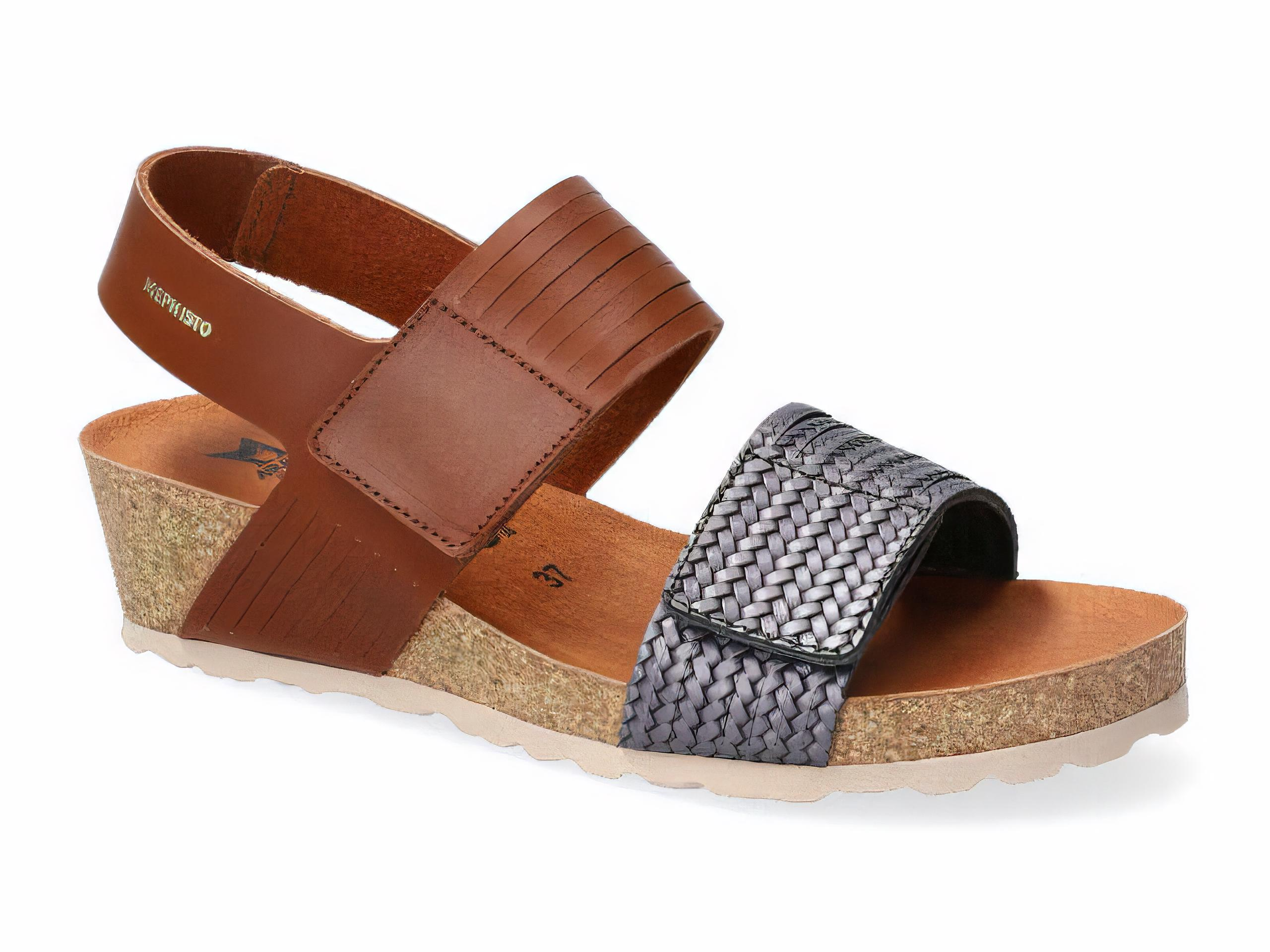 Mephisto Women's Rosalia Grey Twist and Hazelnut Leather Wedge Sandal