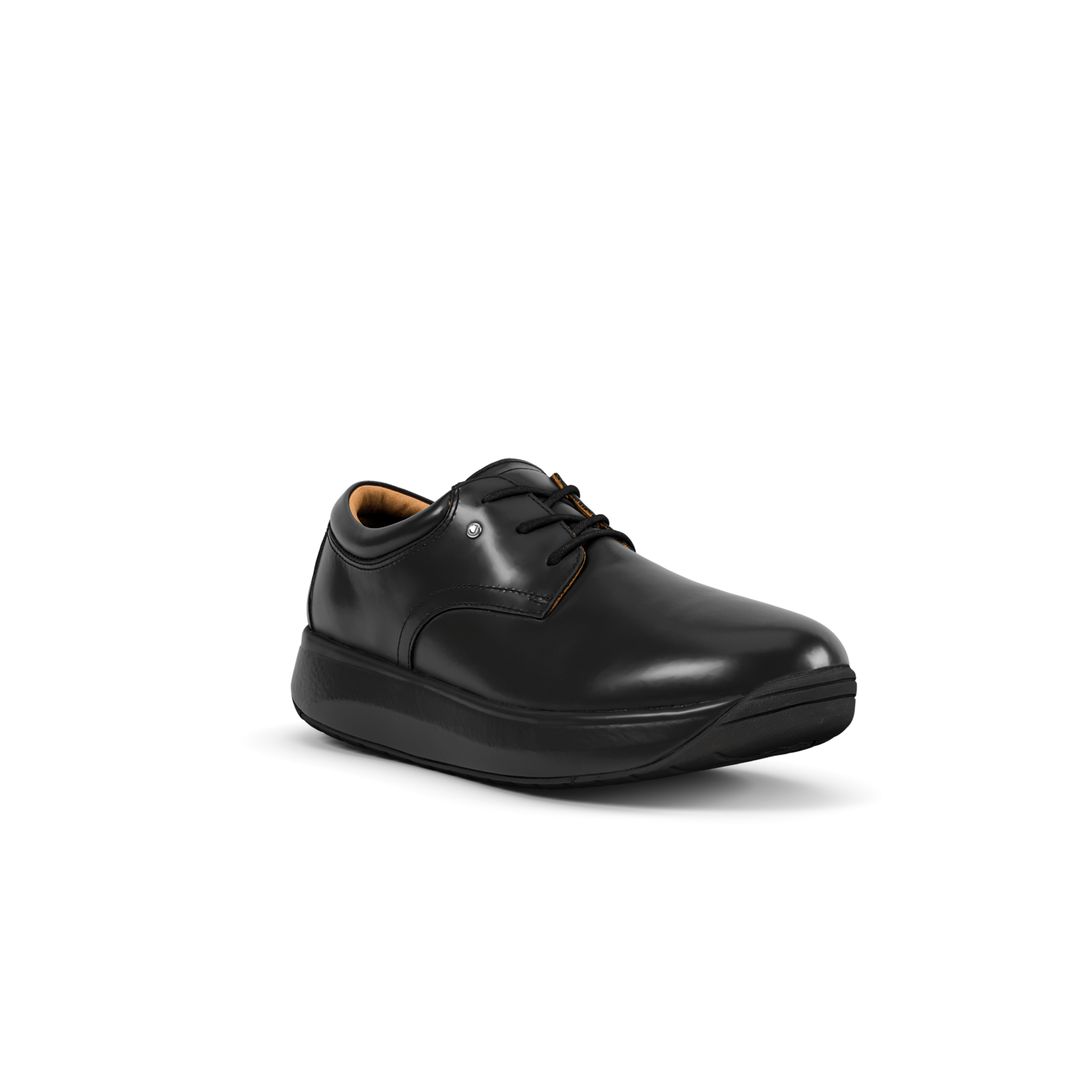 A single black leather lace-up shoe with a chunky platform sole, shown from a three-quarters angle on a white background.