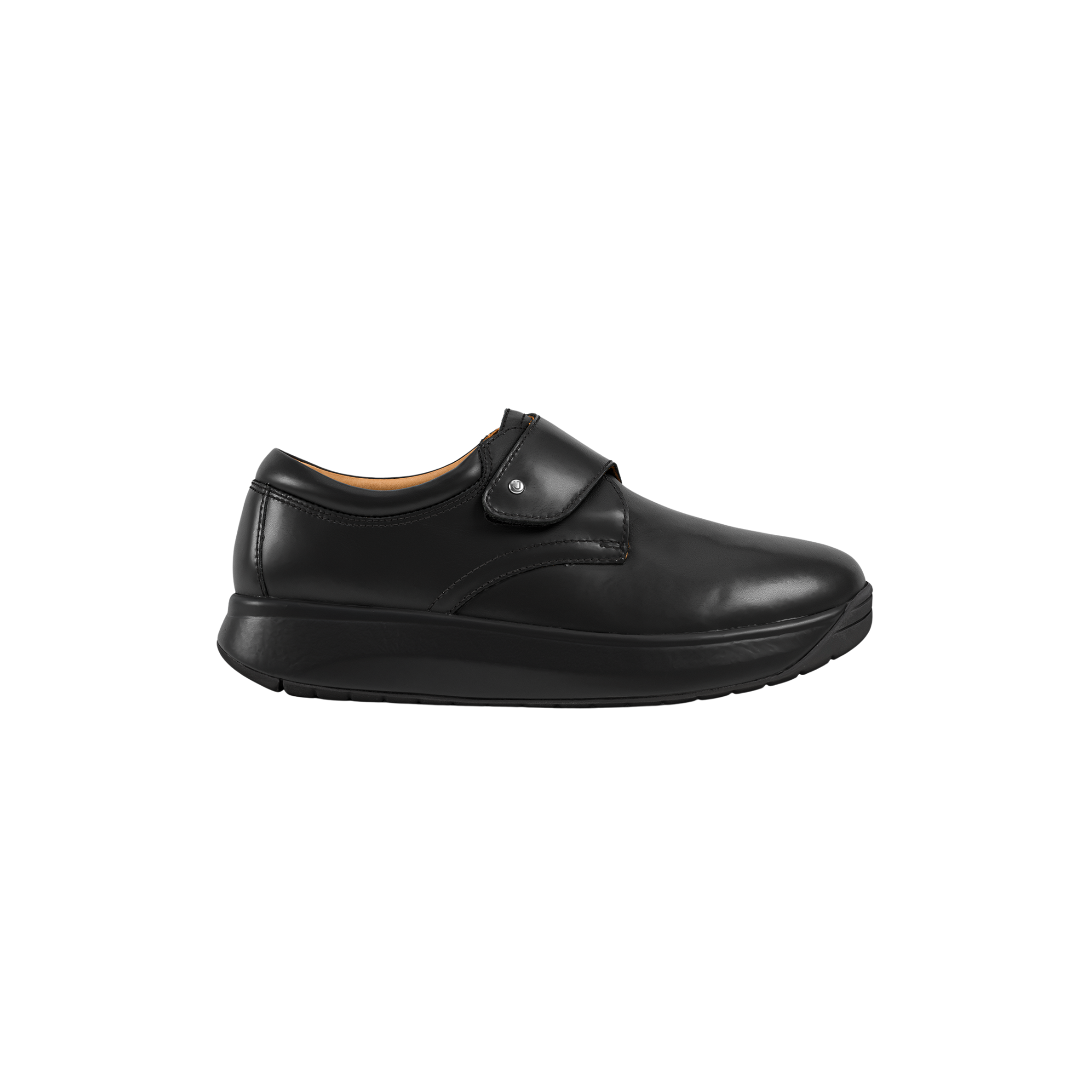 A black slip-on shoe with a hook-and-loop strap closure and a thick platform sole, shown from a side profile on a plain white background.