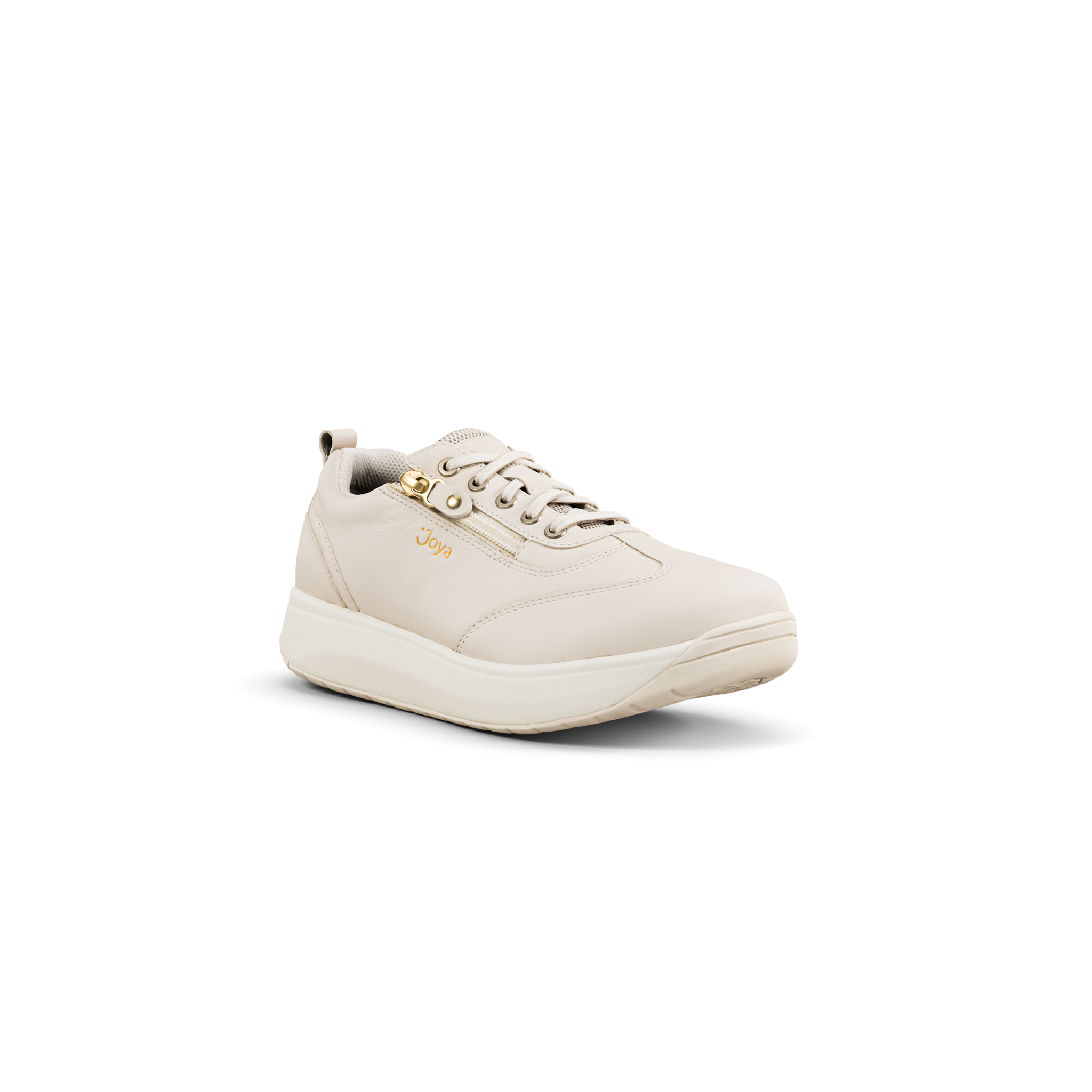 A single low-top sneaker in a light cream or off-white color with gold-tone metal eyelets and a small gold logo on the side, shown against a solid white background.