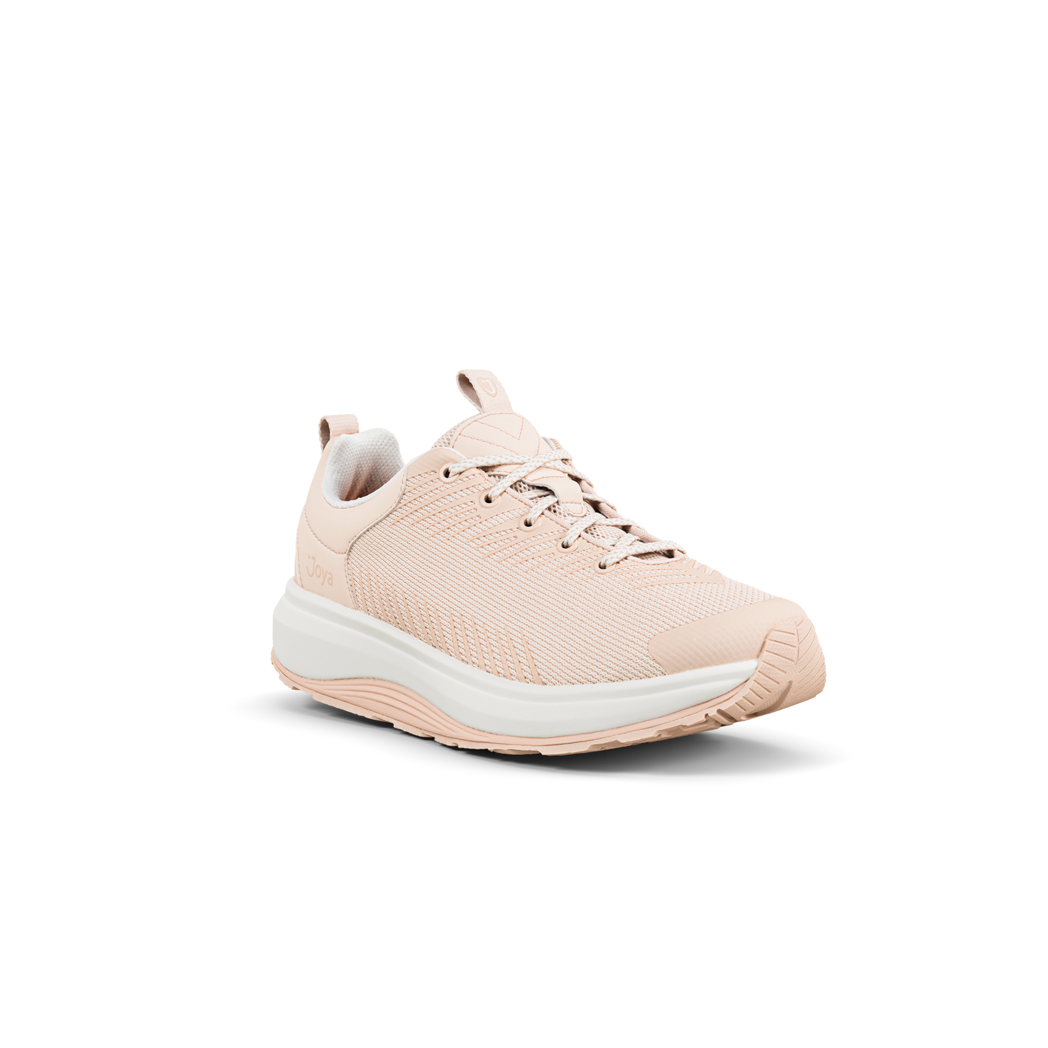 A light pink knit athletic sneaker with a thick white midsole and a pale pink outsole, shown from a three-quarters angle on a white background.
