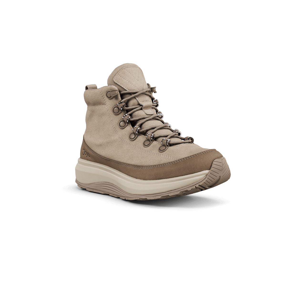 A mid-top hiking boot in beige suede and brown synthetic materials, featuring a thick beige and brown sole, shown on a plain white background.
