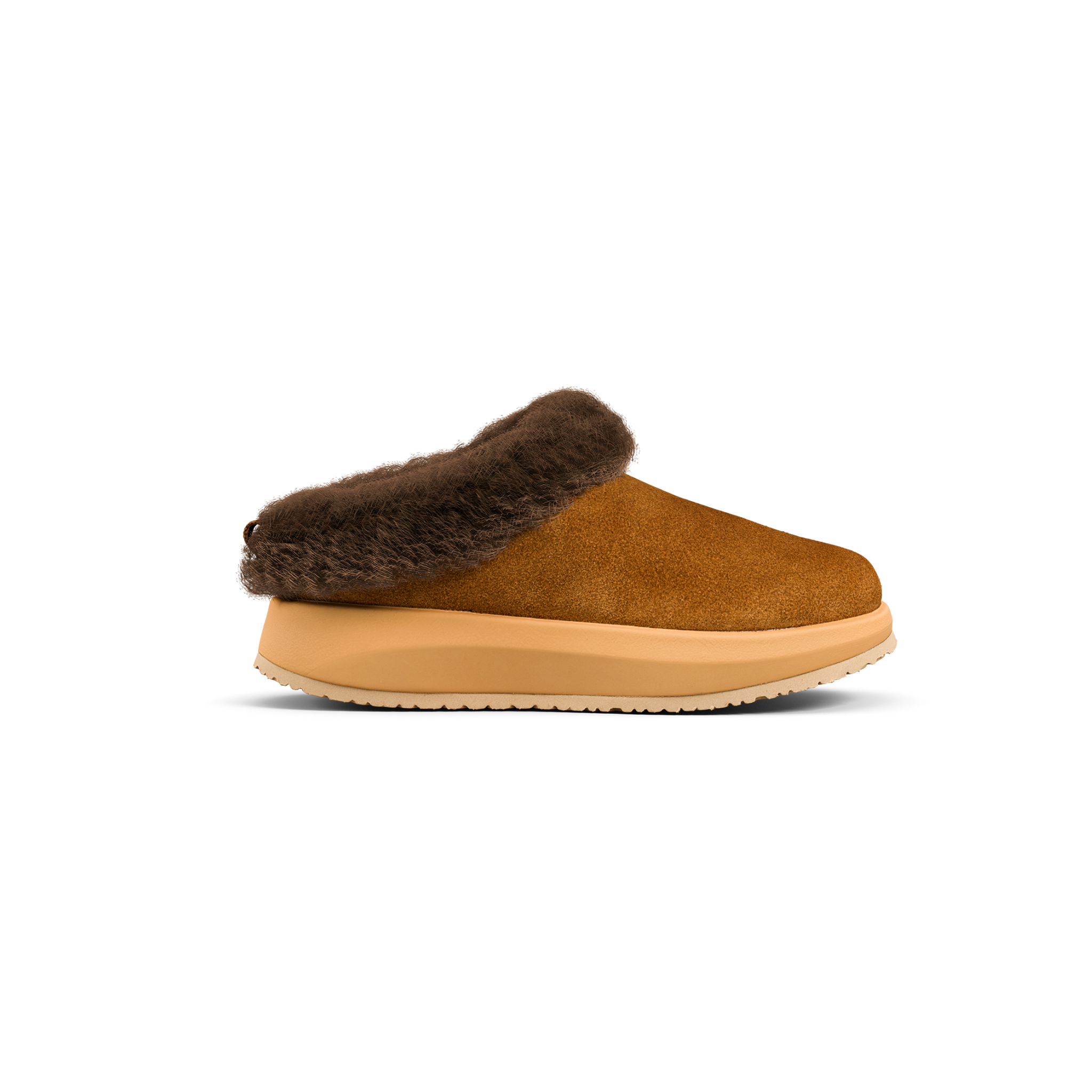 A single slip-on clog-style bootie shown in side profile on a clean white background. The upper is made of warm camel-brown suede or nubuck, with a dark brown faux-fur trim around the opening and a thick tan platform sole.
