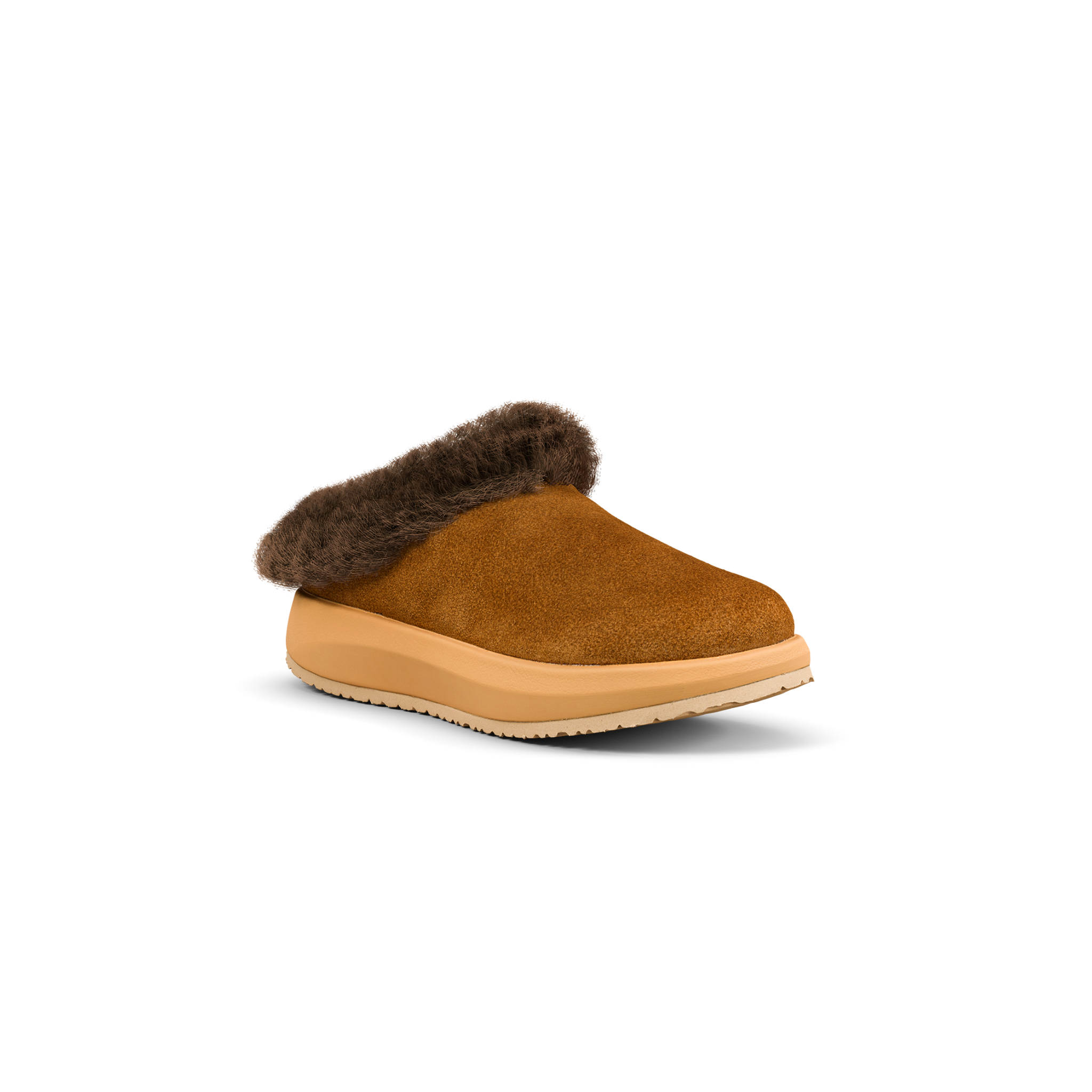 A single slip-on clog-style shoe with a warm brown suede upper, dark brown faux-fur trim around the opening, a tan platform sole, and a light beige outsole, shown on a clean white background.
