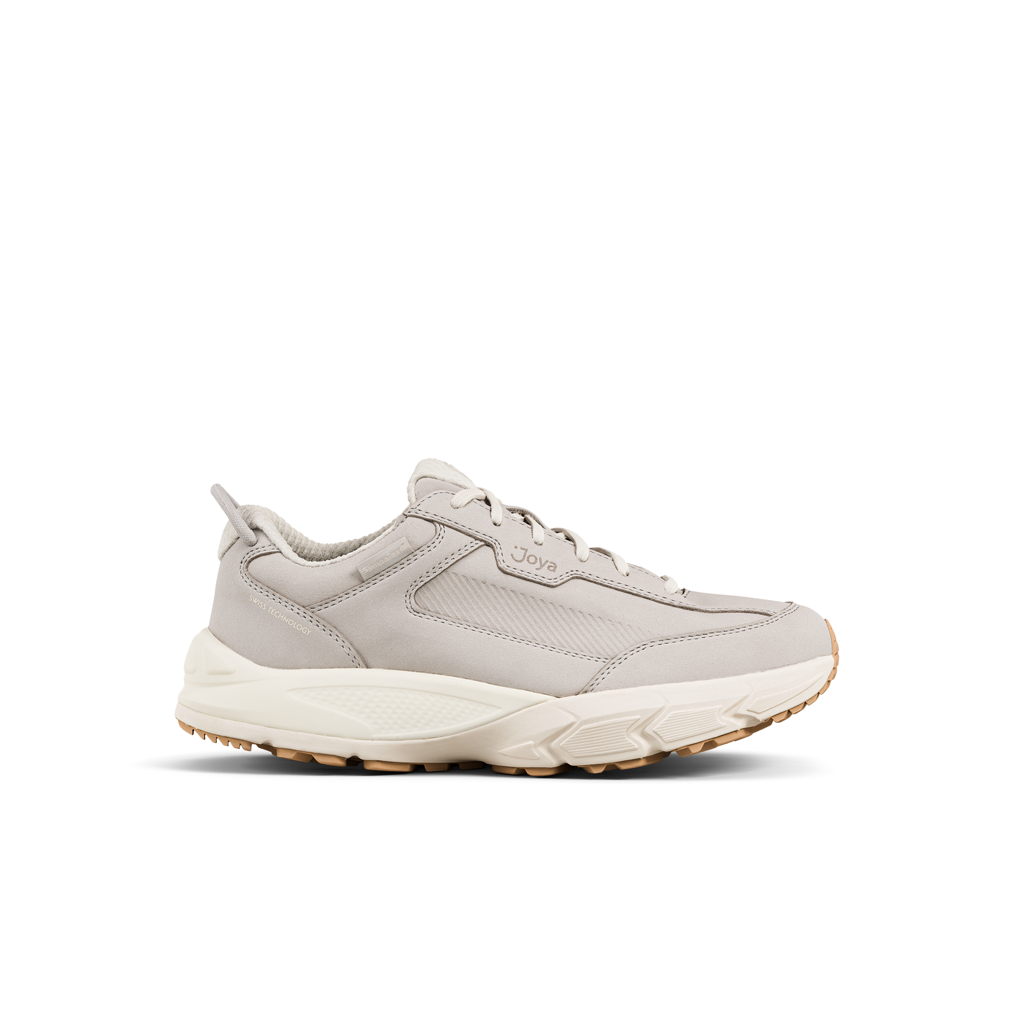 A light gray and off-white athletic sneaker with a chunky sole, shown from the side on a plain white background.