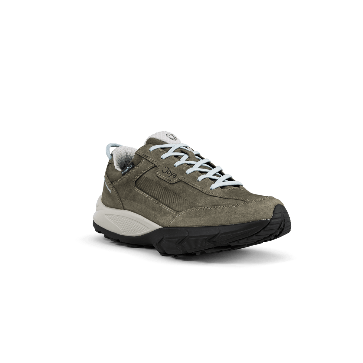 side view of dark grey women's suede sneaker with white laces and black and white sole.