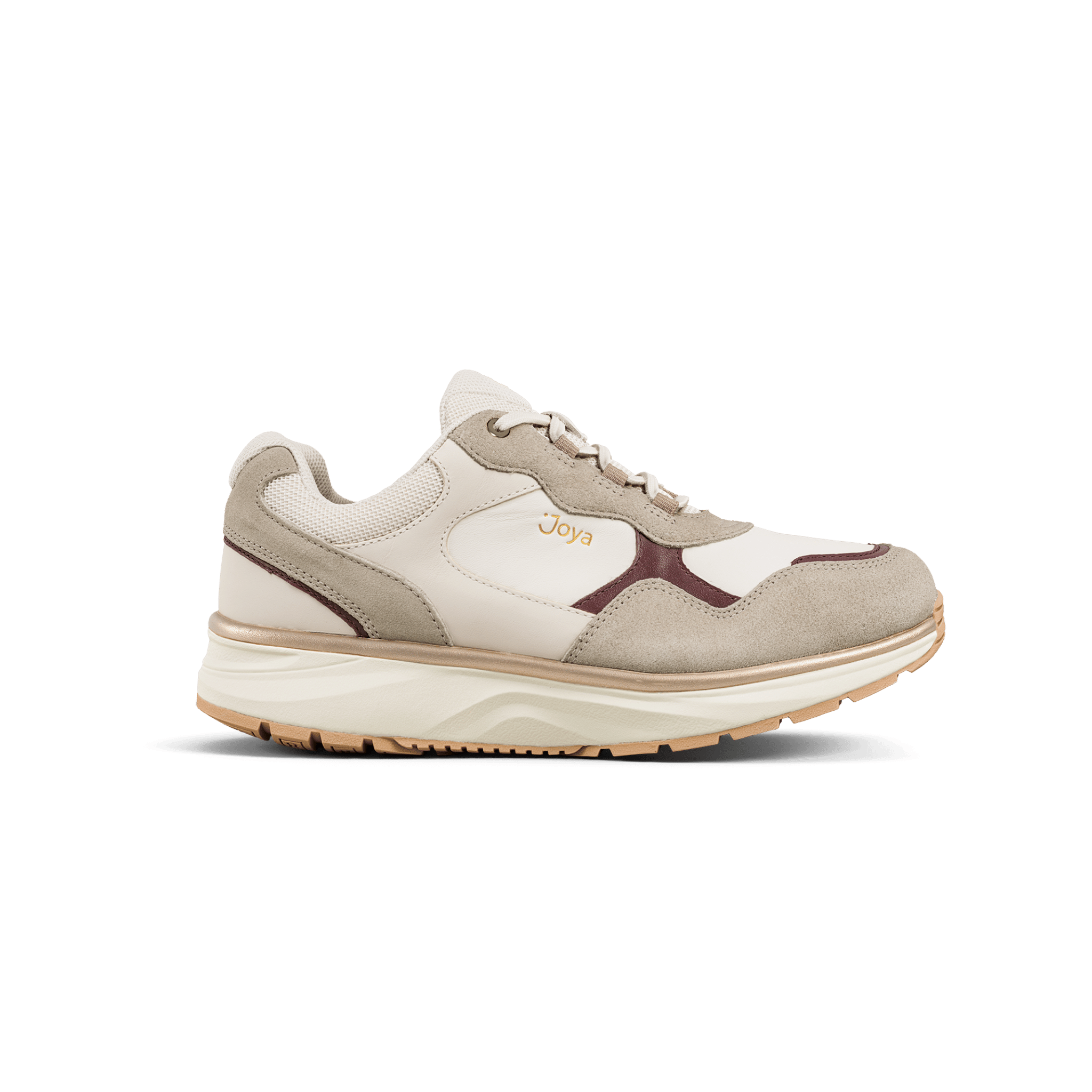 beige sneaker with red accent