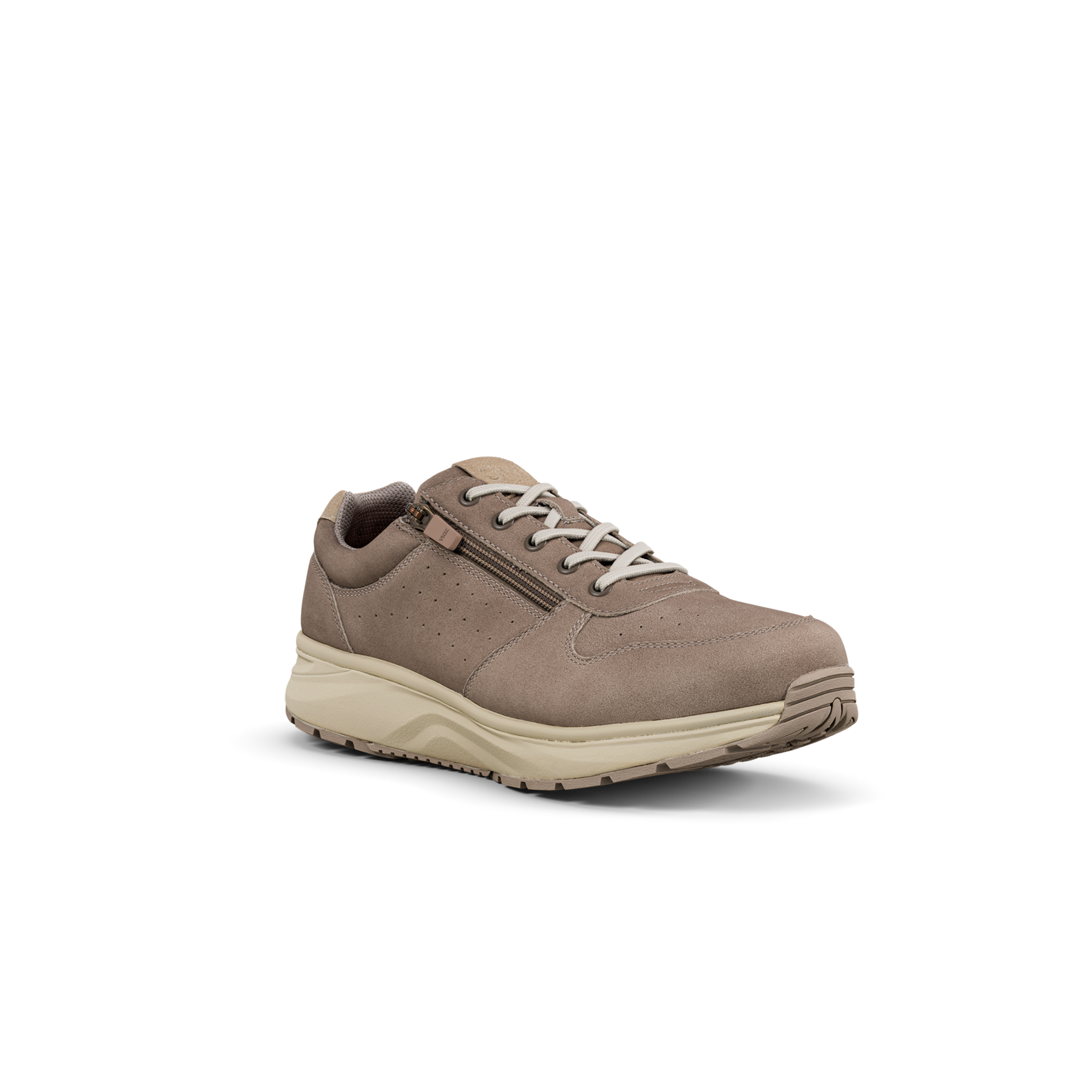 quarter side view of brown shoe with side zip and white laces