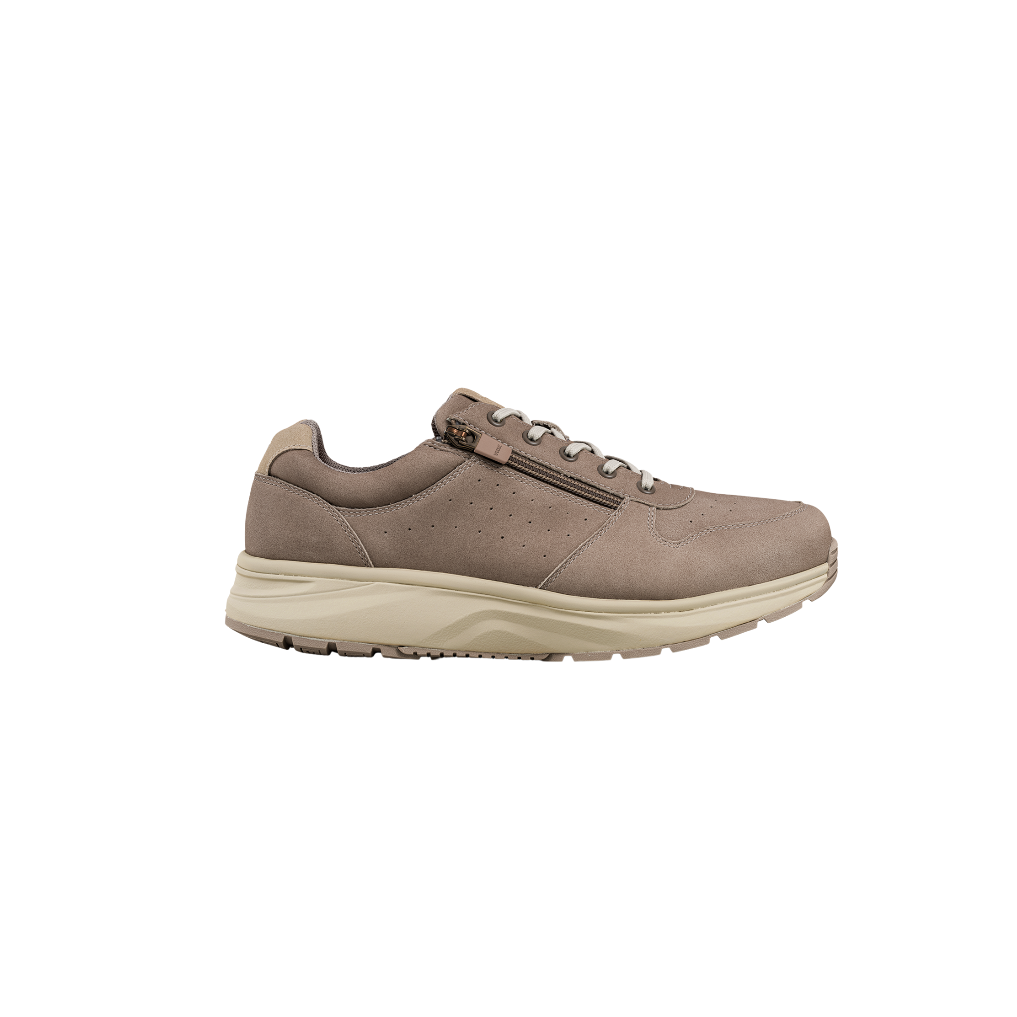 brown suede shoe with side zip and white laces