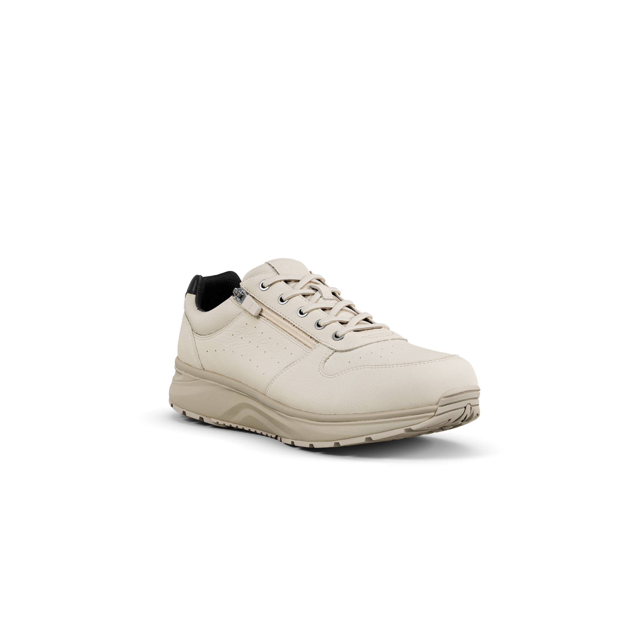 quarter view of white shoe with side zip