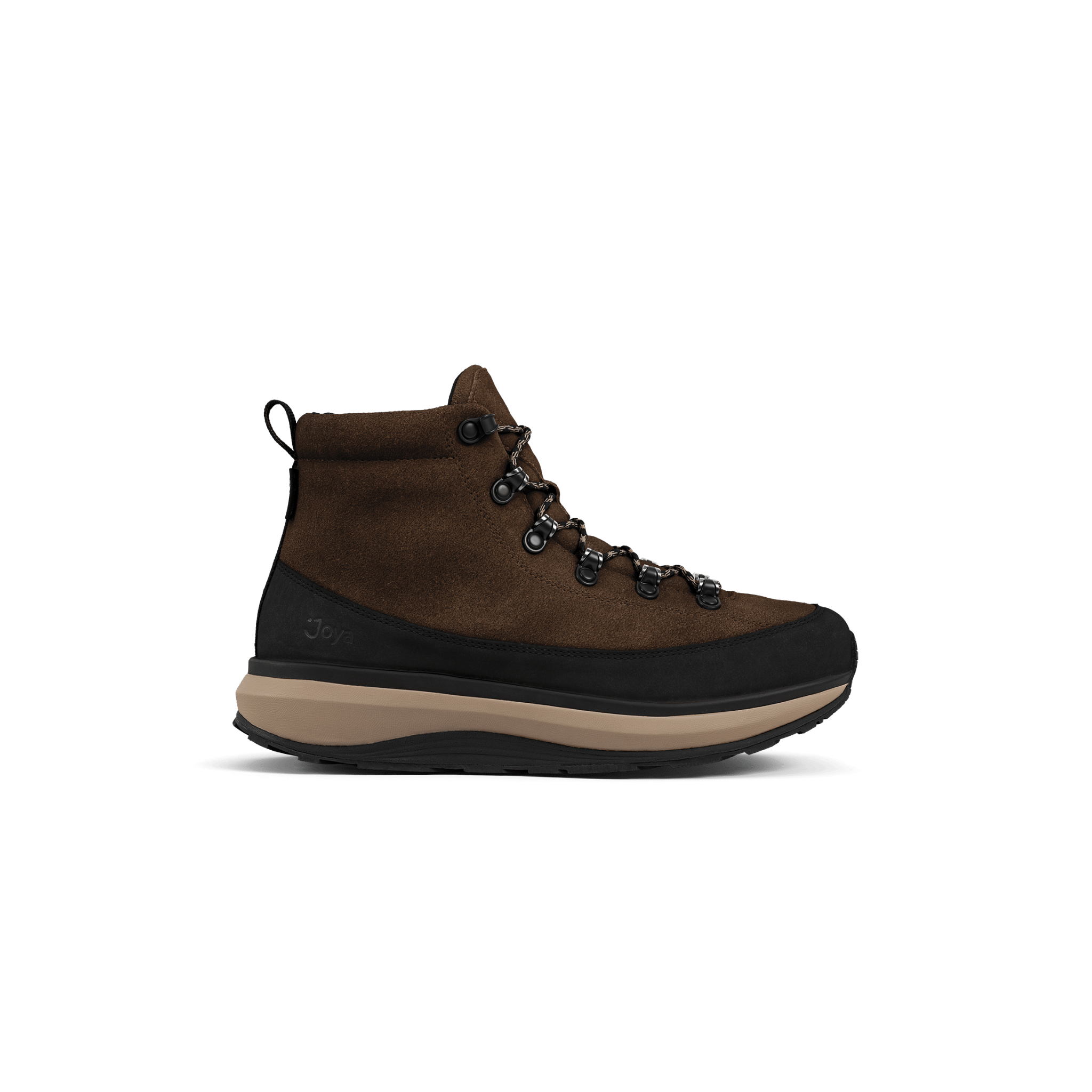 A brown suede and synthetic high-top hiking boot with black laces, metal eyelets, a black toe cap, and a beige and black midsole, shown in a side profile on a white background.
