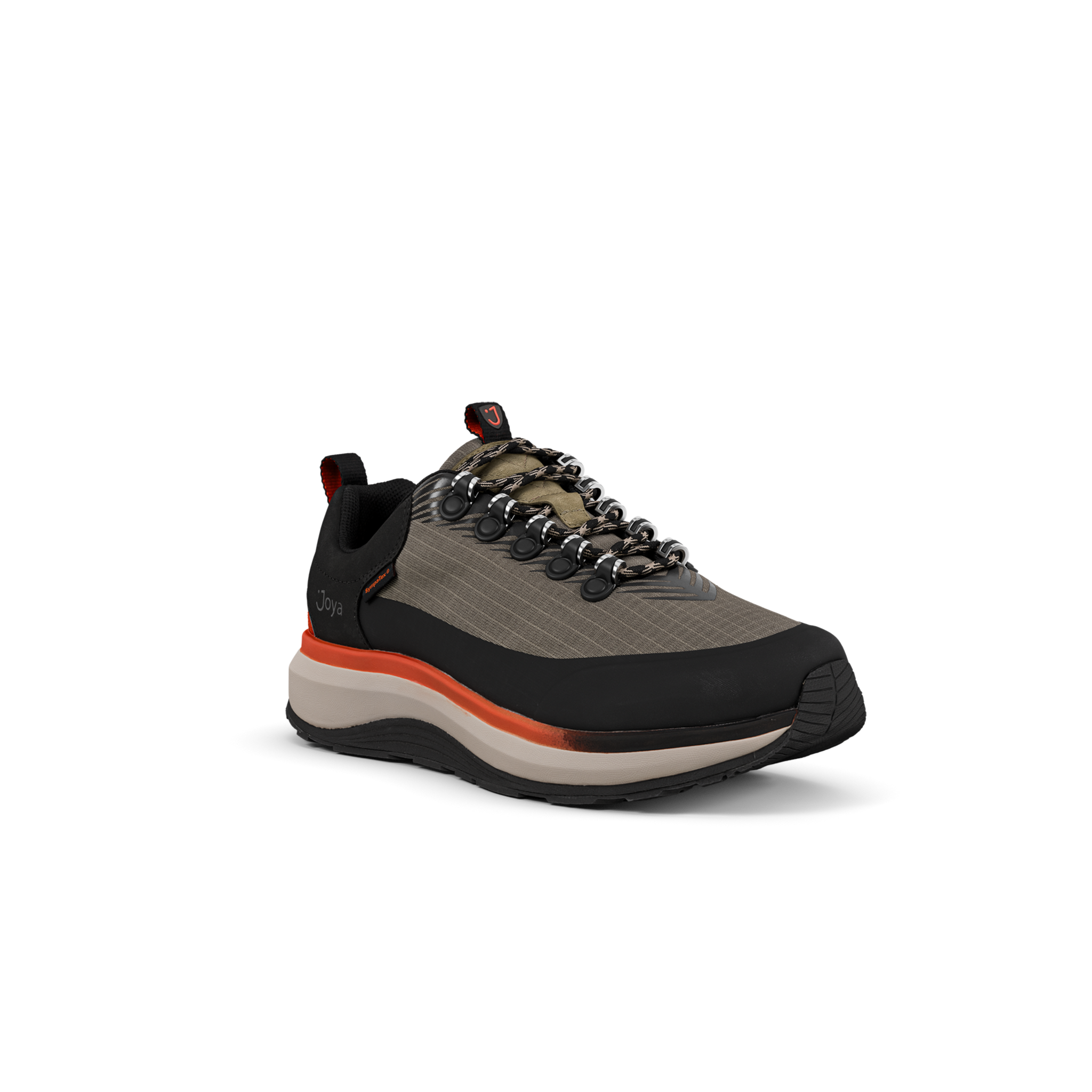 quarter view of a olive and black sneaker with orange accents