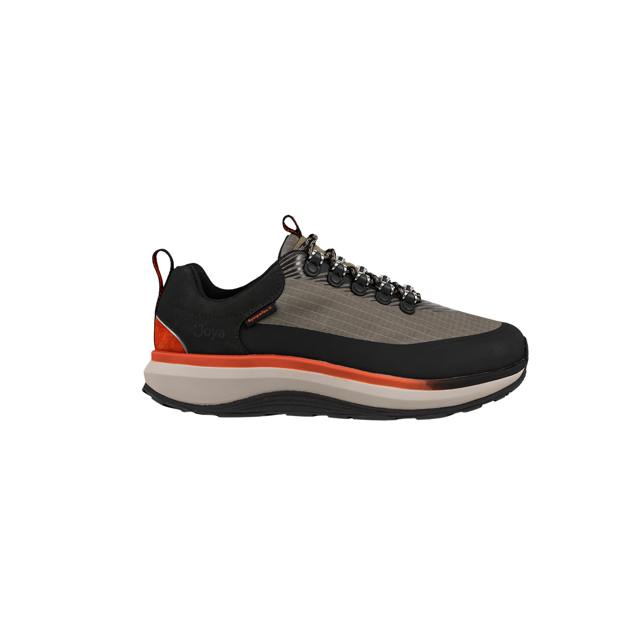 olive green, black sneaker with orange accent