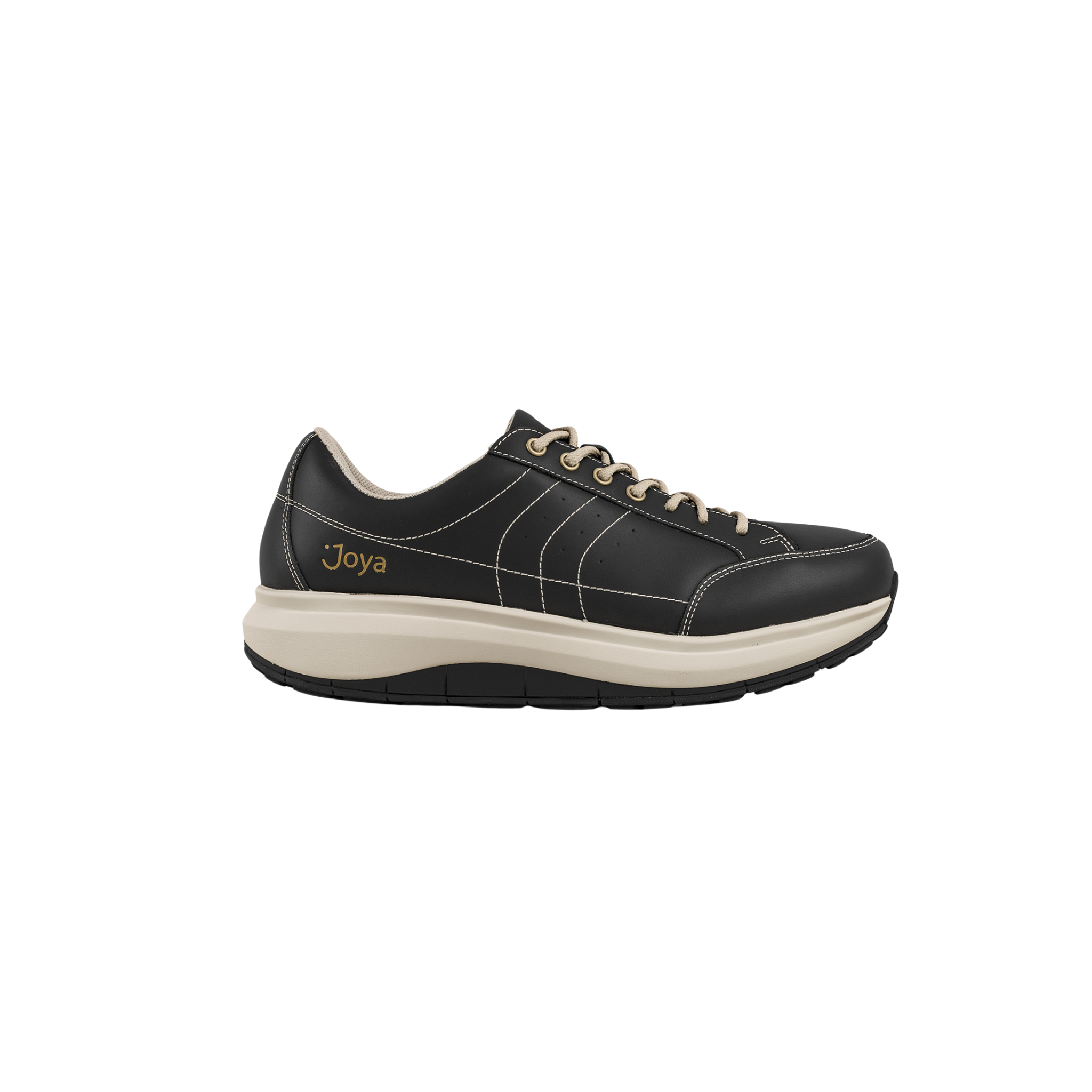 black sneaker with white accents and Joya logo on the side