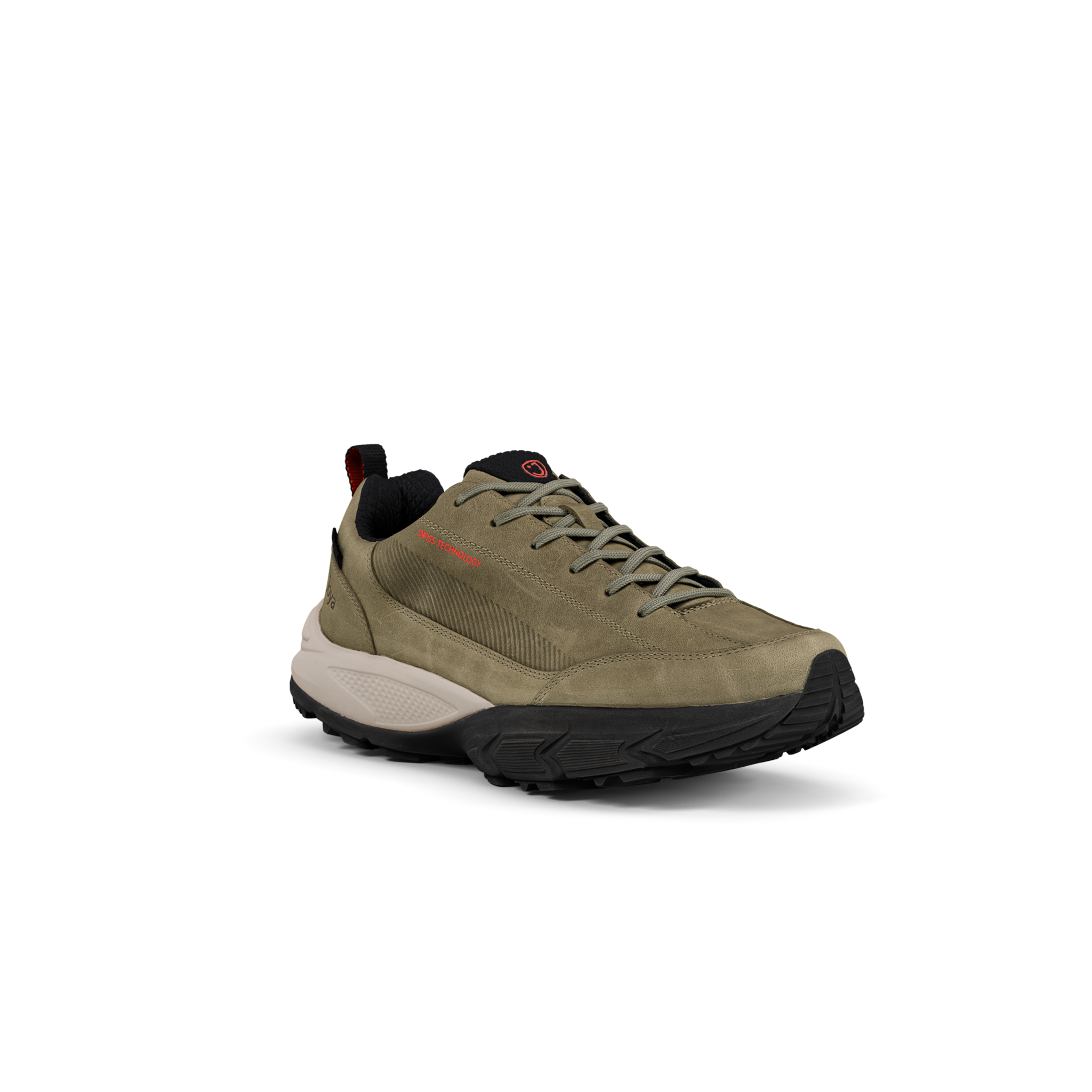 quarter view of olive green lace up sneaker with orange Joya logo