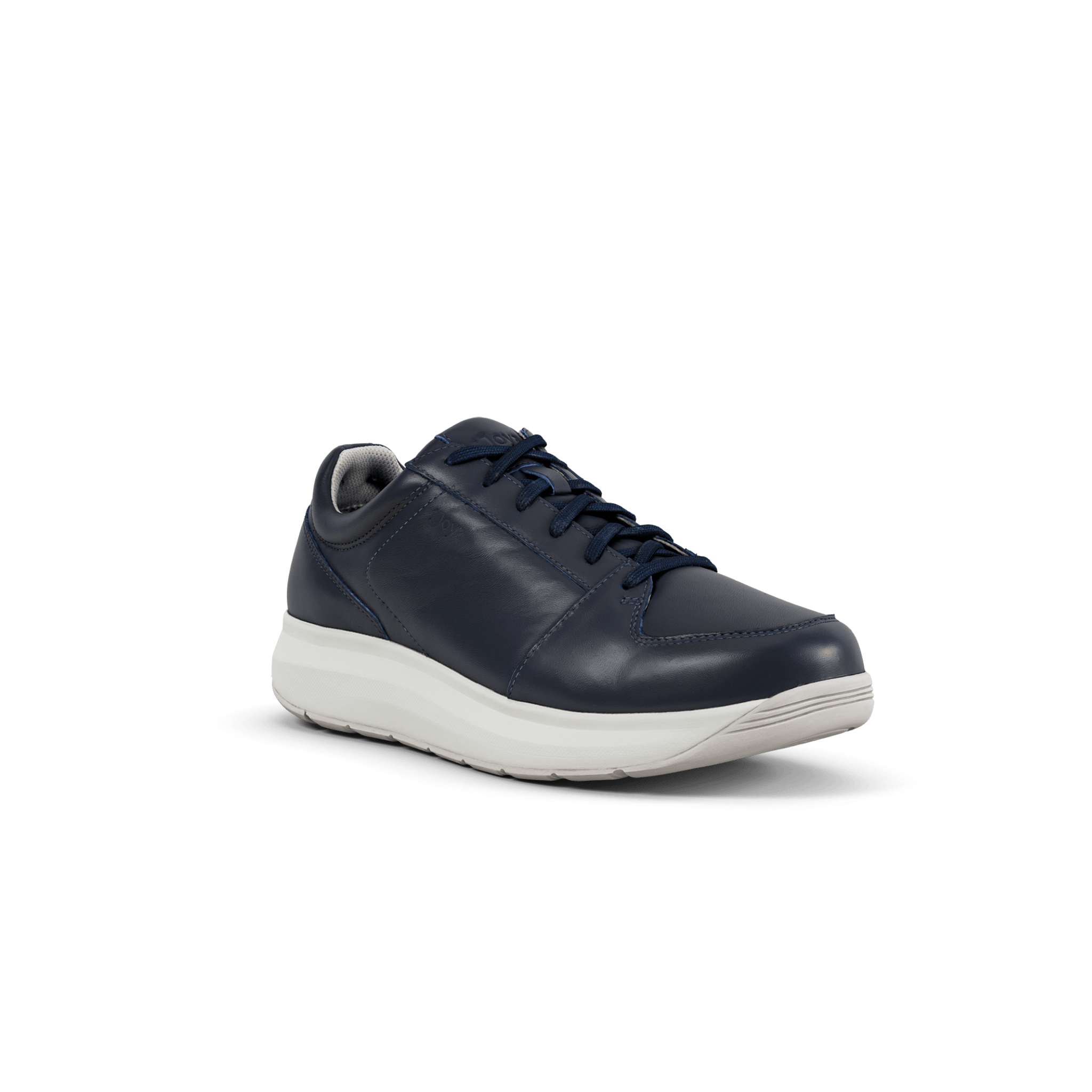 A navy blue leather low-top sneaker with matching navy laces and a thick, cushioned white sole, shown from a three-quarters angle on a white background.