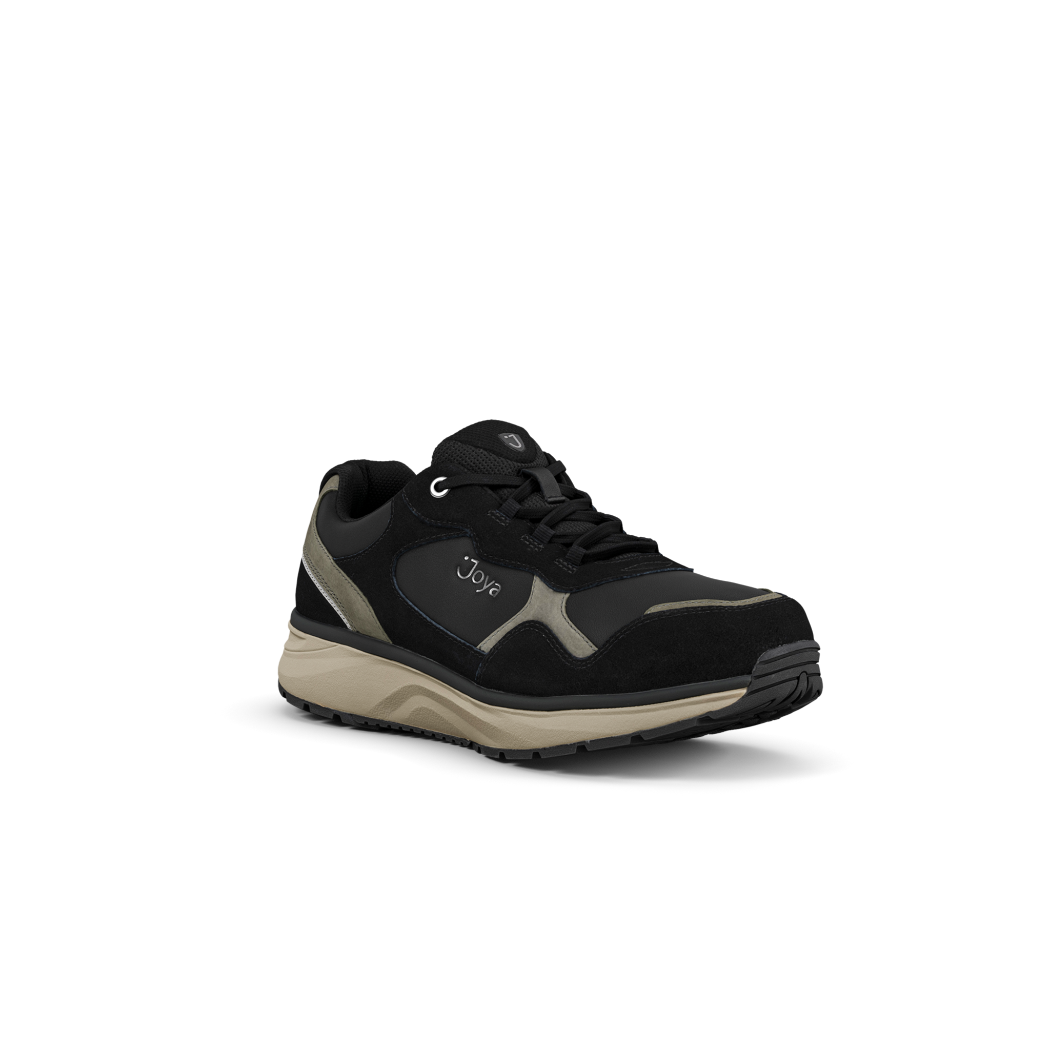 A black and dark gray athletic sneaker with beige accents and a black sole, featuring the Dior logo on the side, set against a plain white background.
