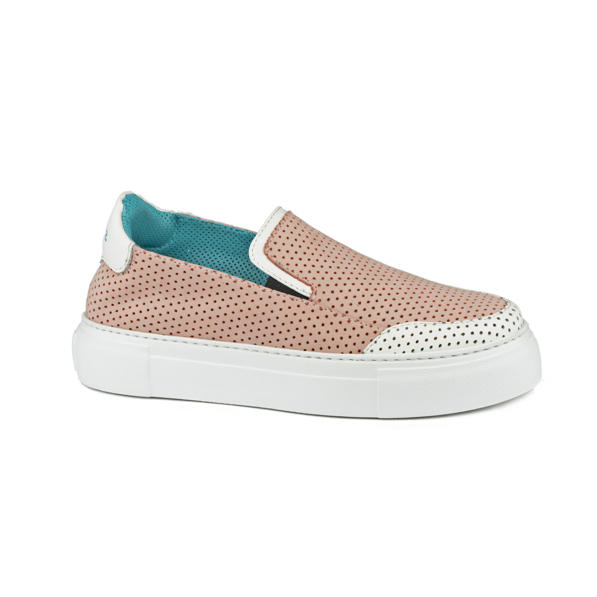 Pink slip-on sneaker with teal accents on a white background