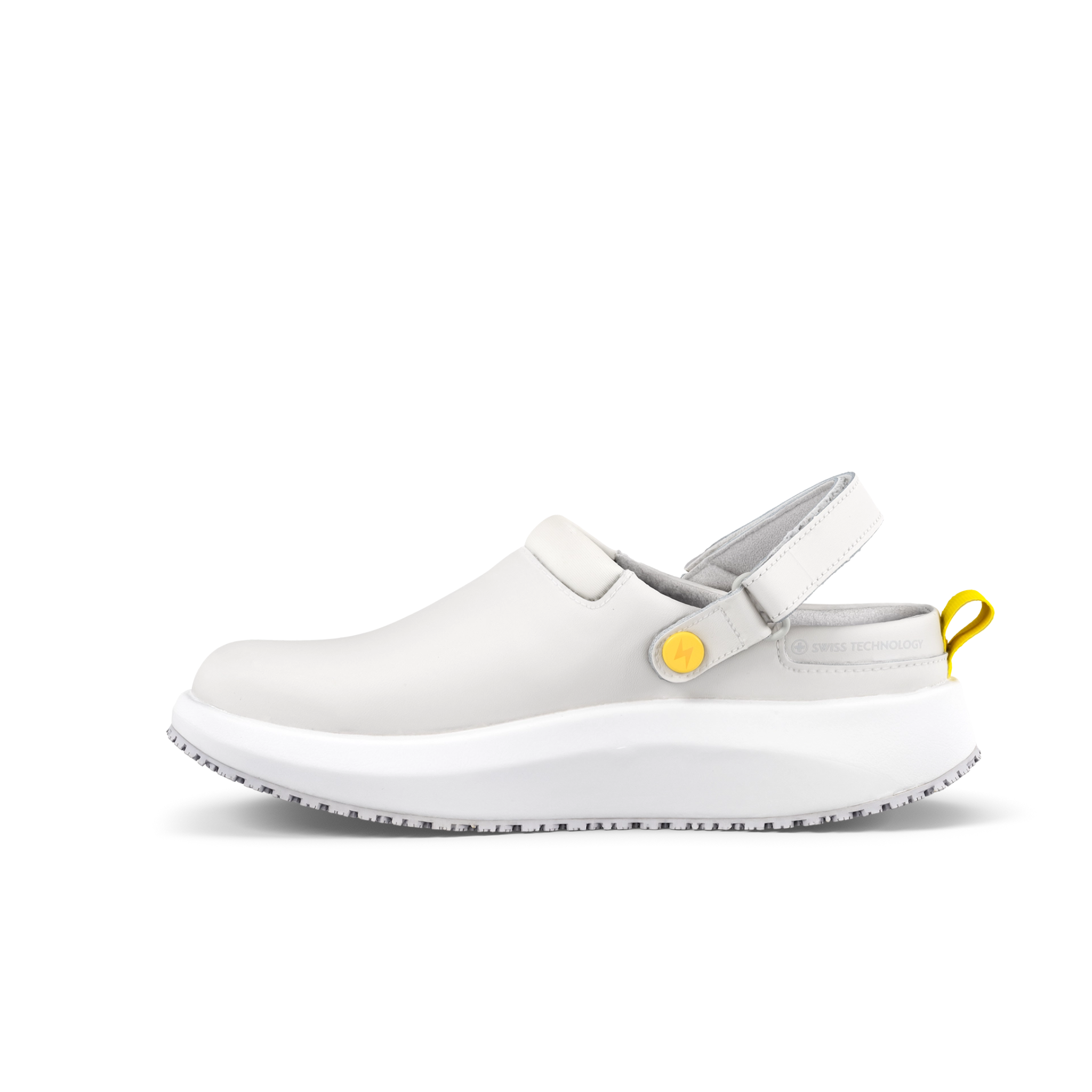 White clog shoe with yellow accents on a white background