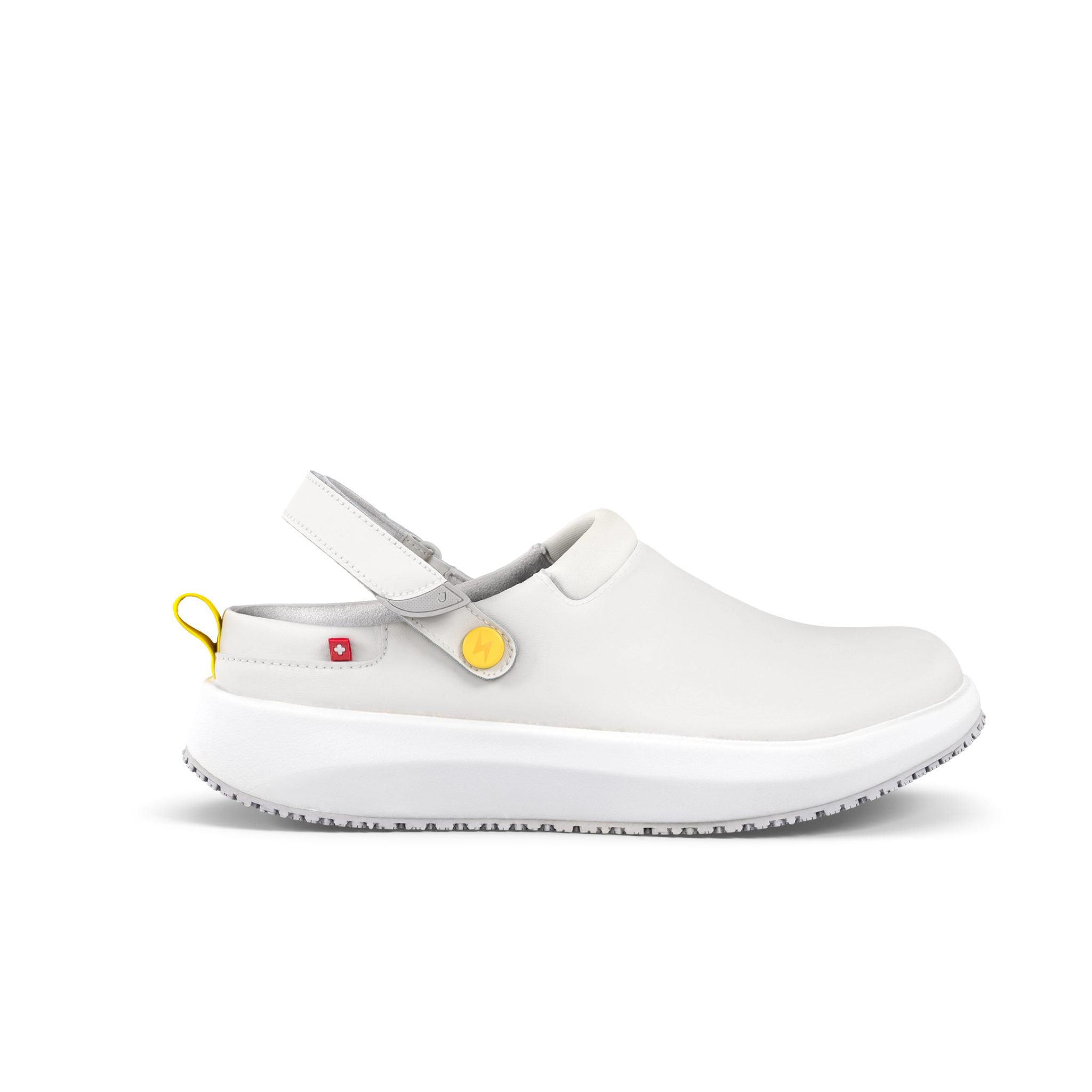 White clog shoe with yellow accents on a white background