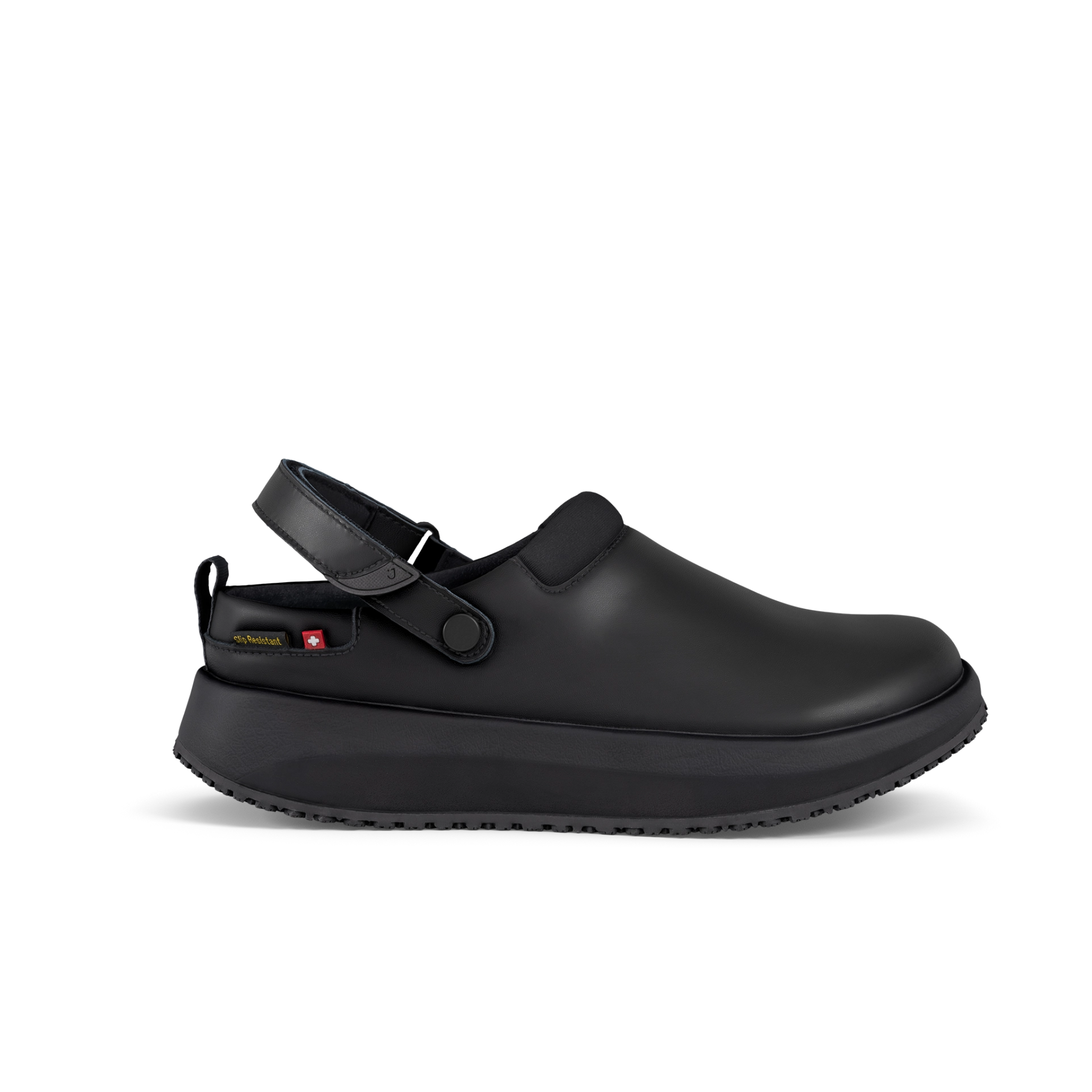 Black clog shoe on a white background