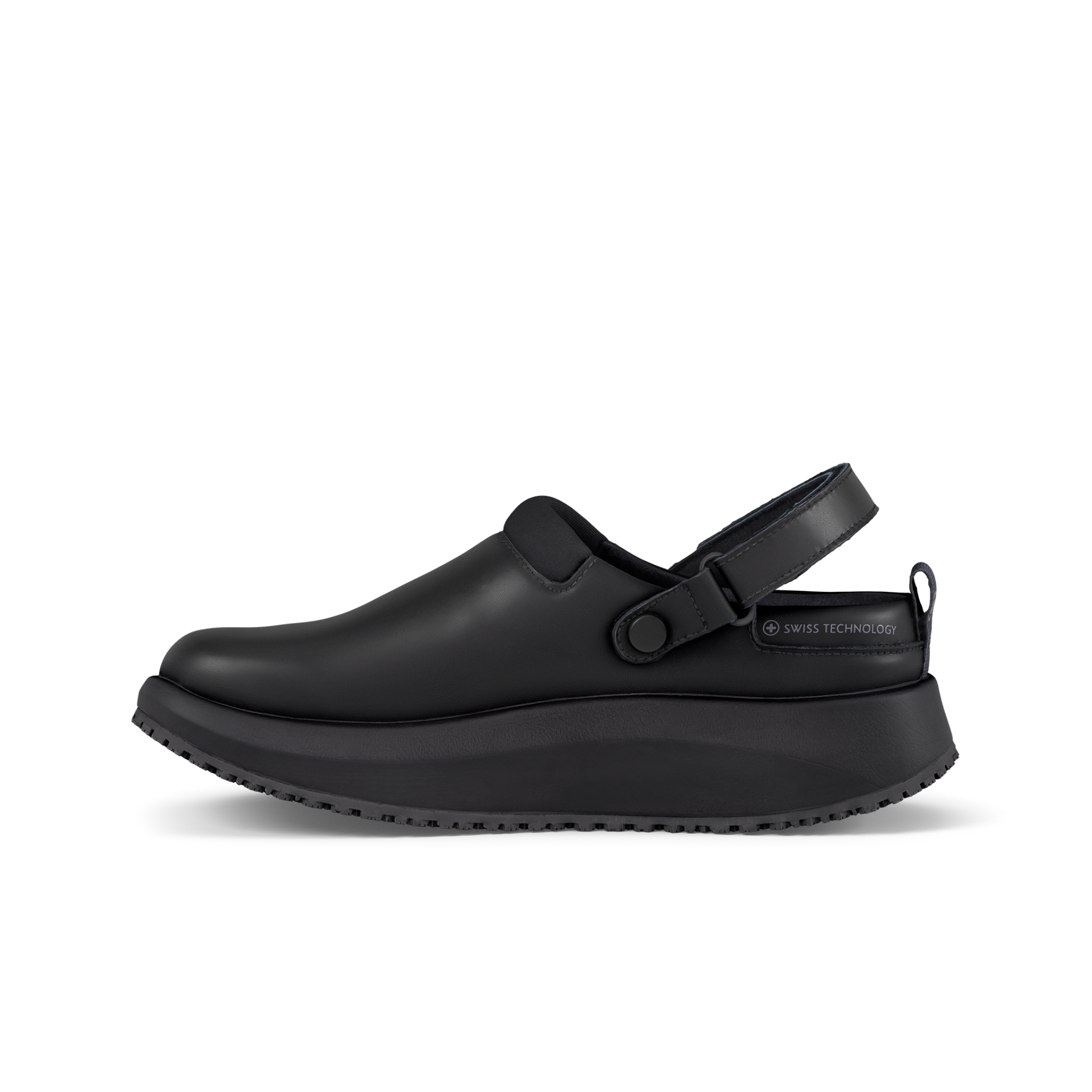Black clog shoe on a white background