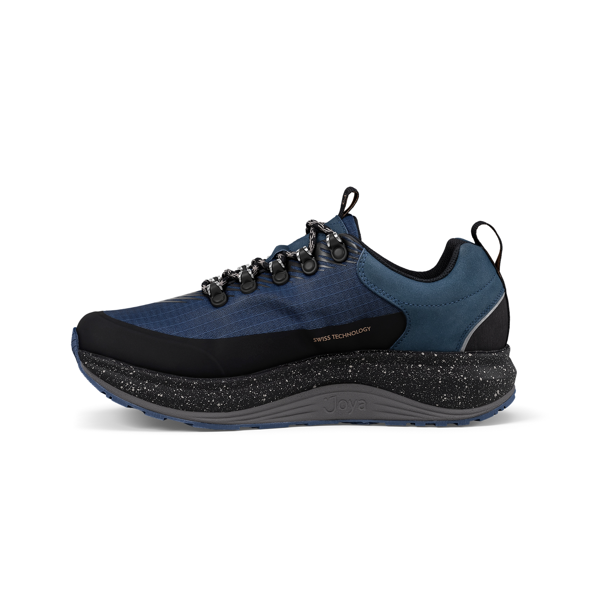 Blue and black athletic shoe on a white background