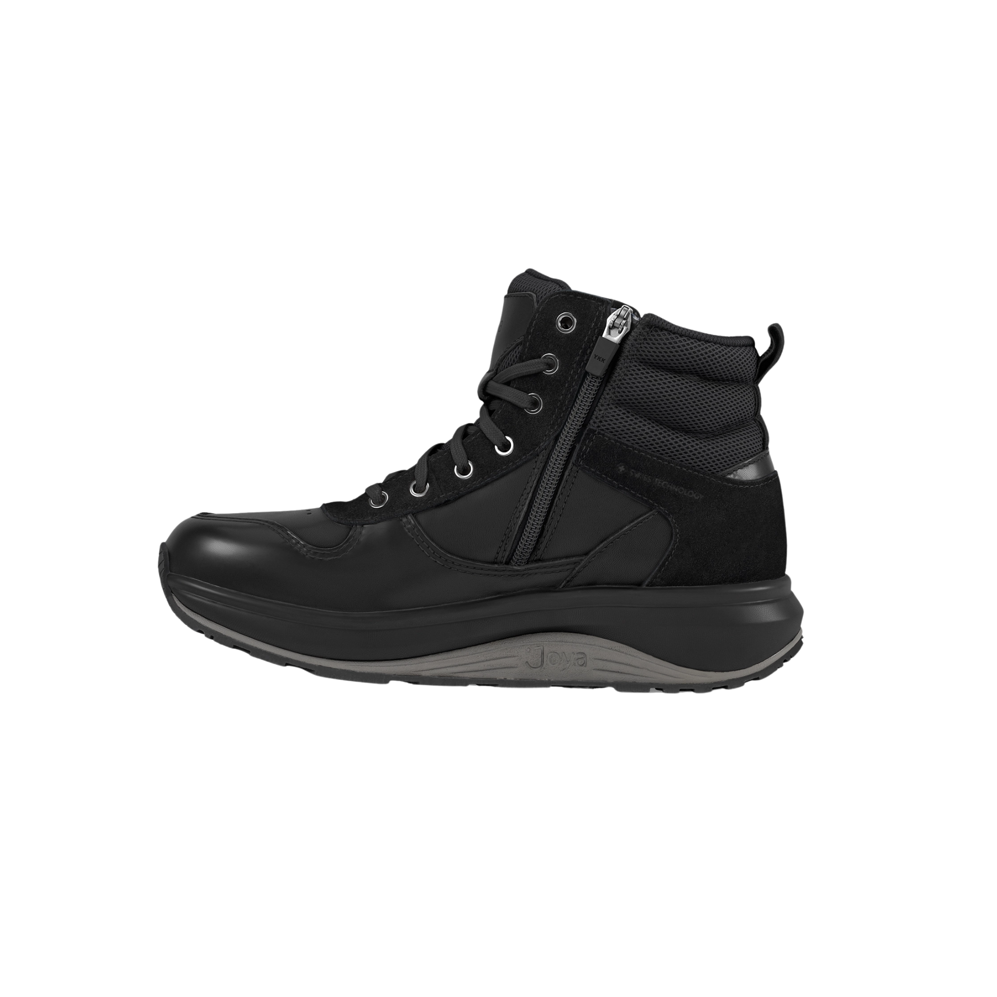 Black high-top sneaker with a zipper on a white background
