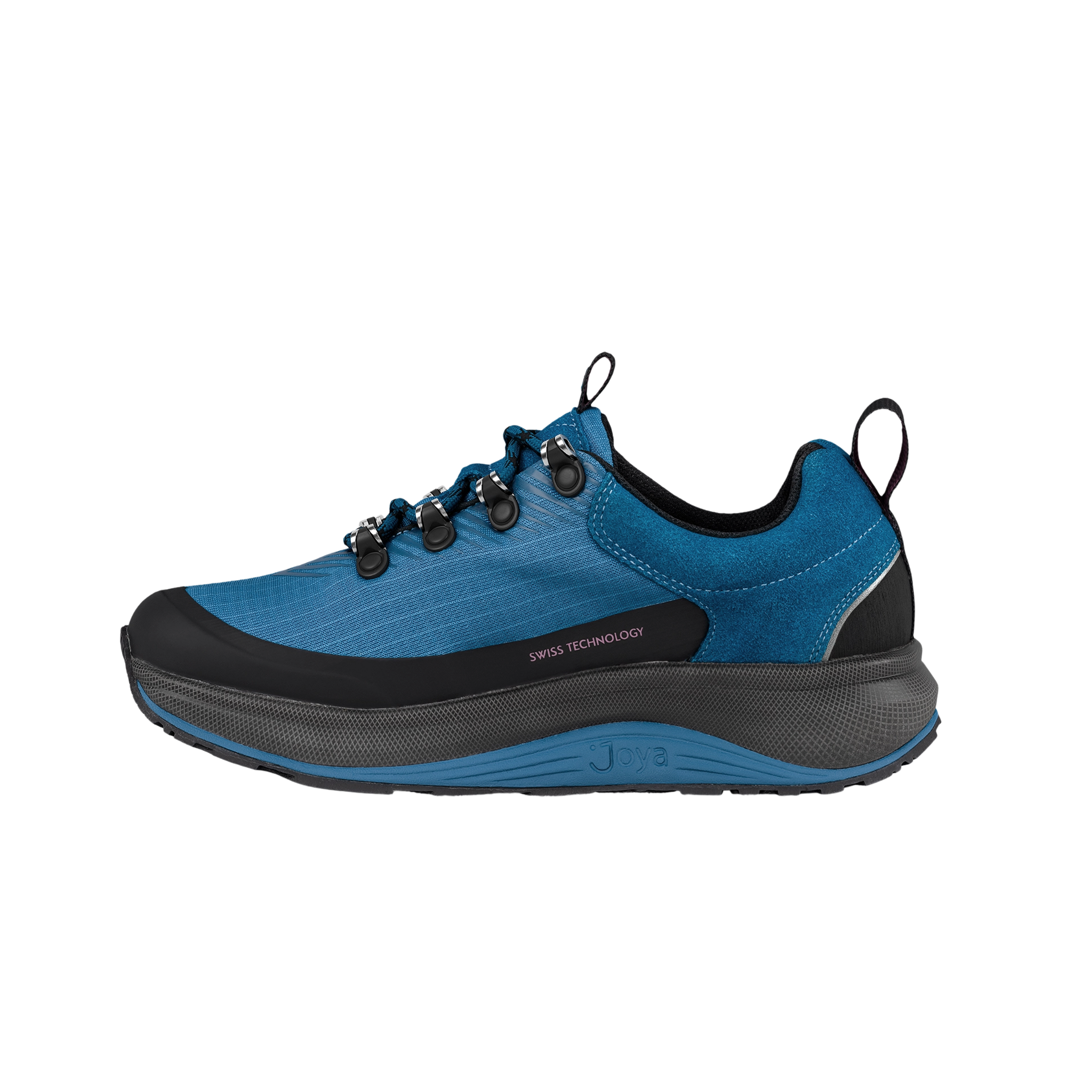 Blue and black athletic shoe on a white background