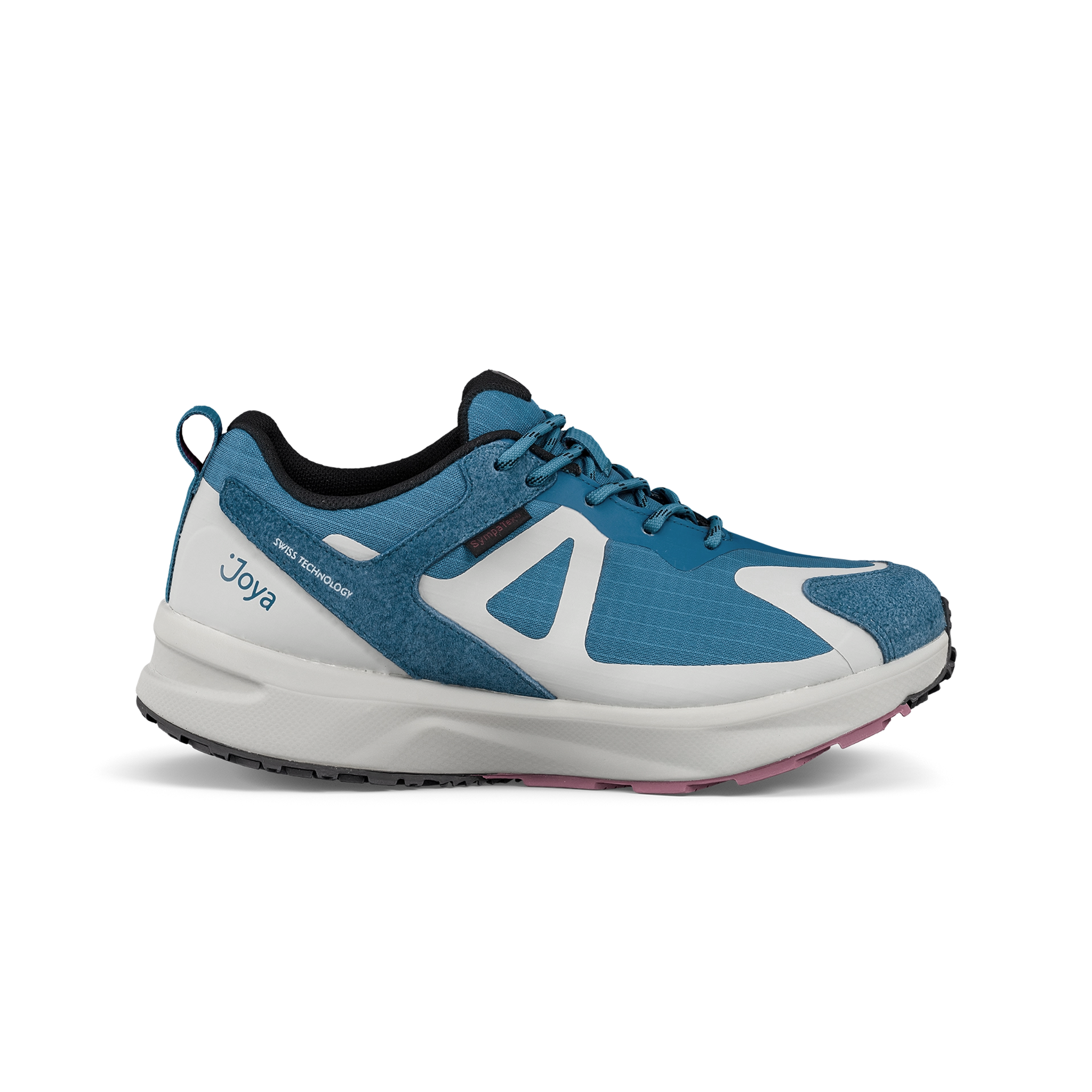 Blue and white running shoe with 'Joya' branding on a white background