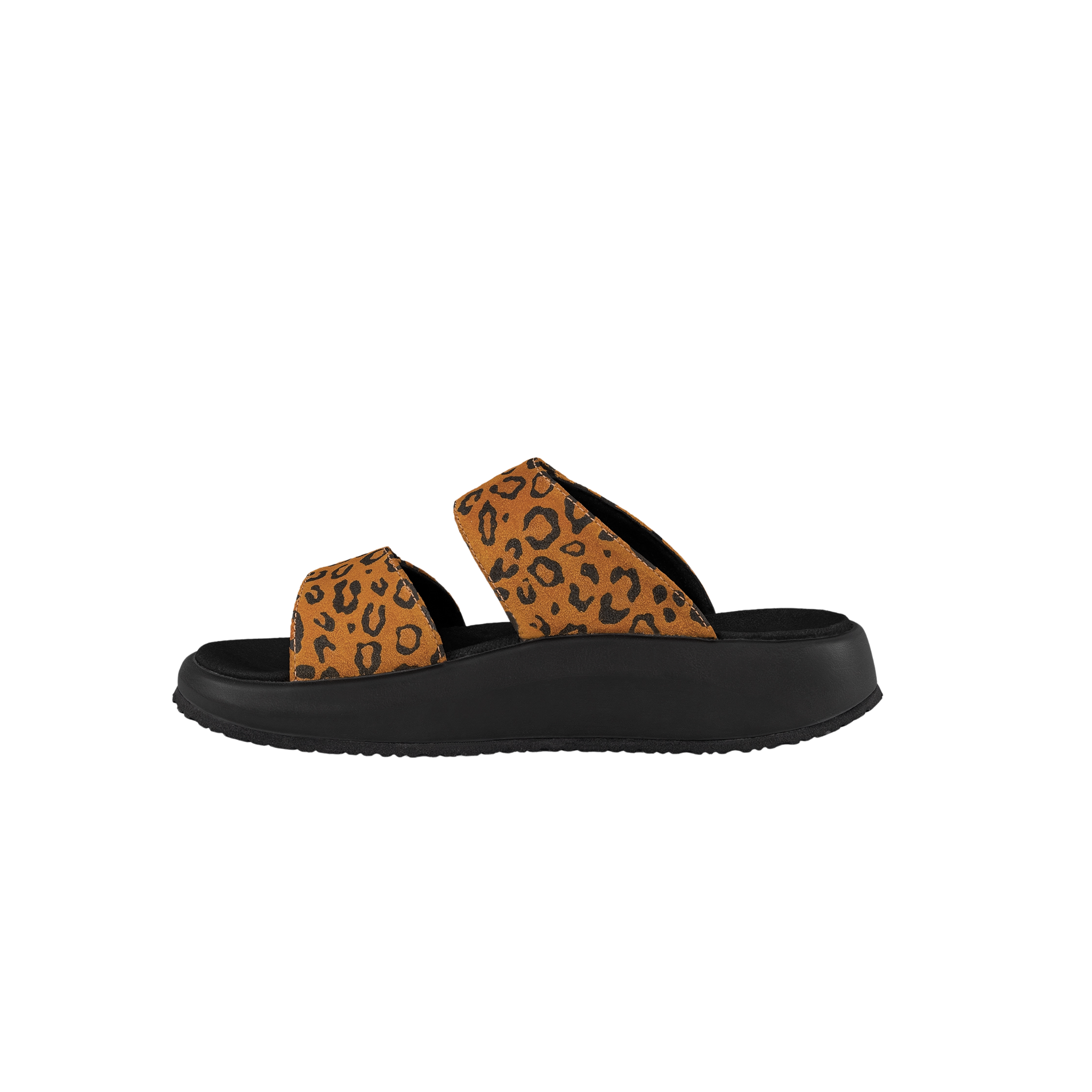 Black slide sandals with leopard print straps on a white background