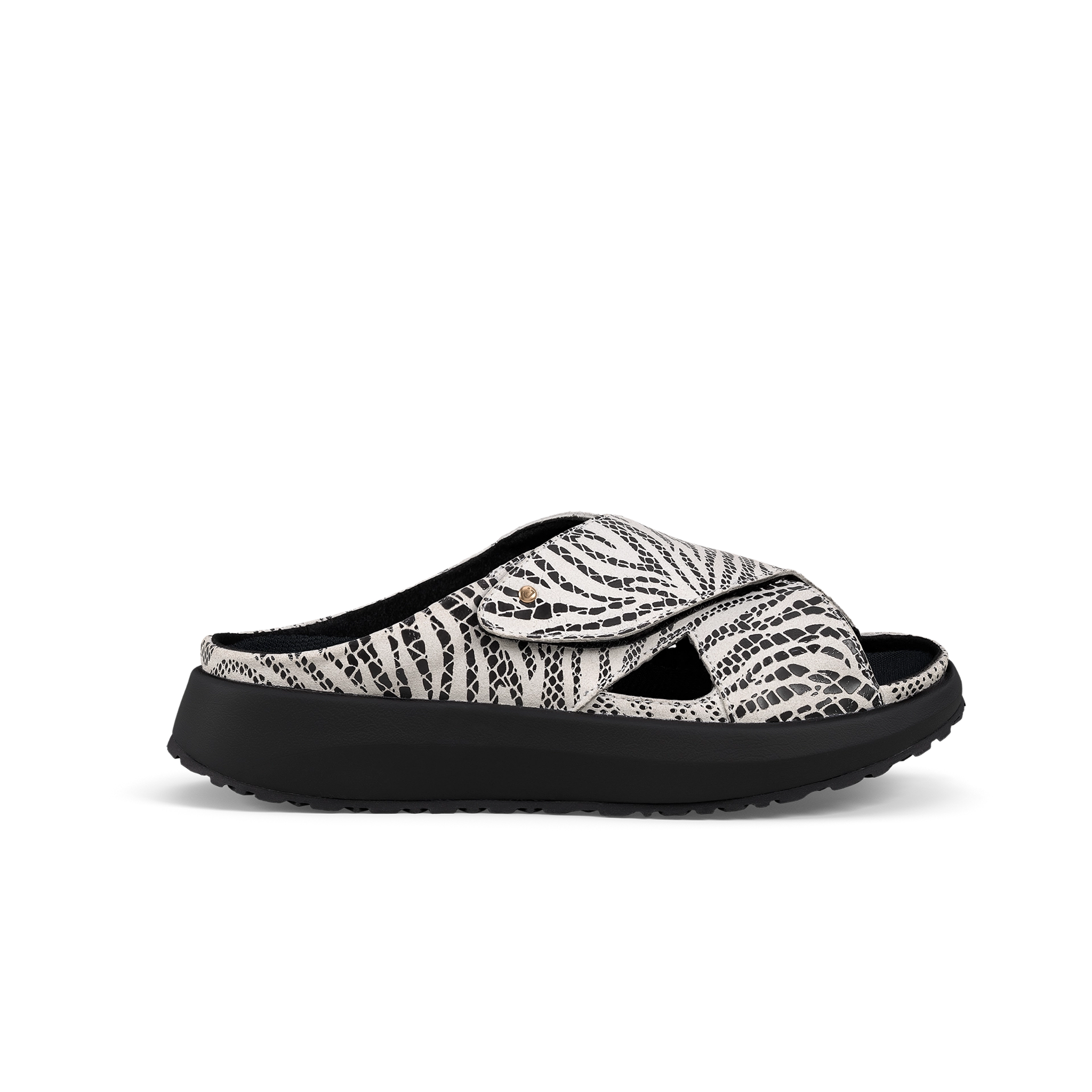 Black and white patterned sandal on a white background