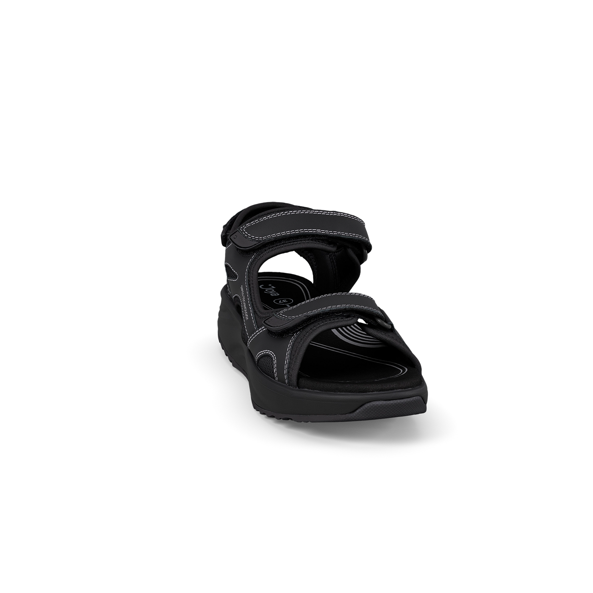 Black sandal with multiple straps on a white background